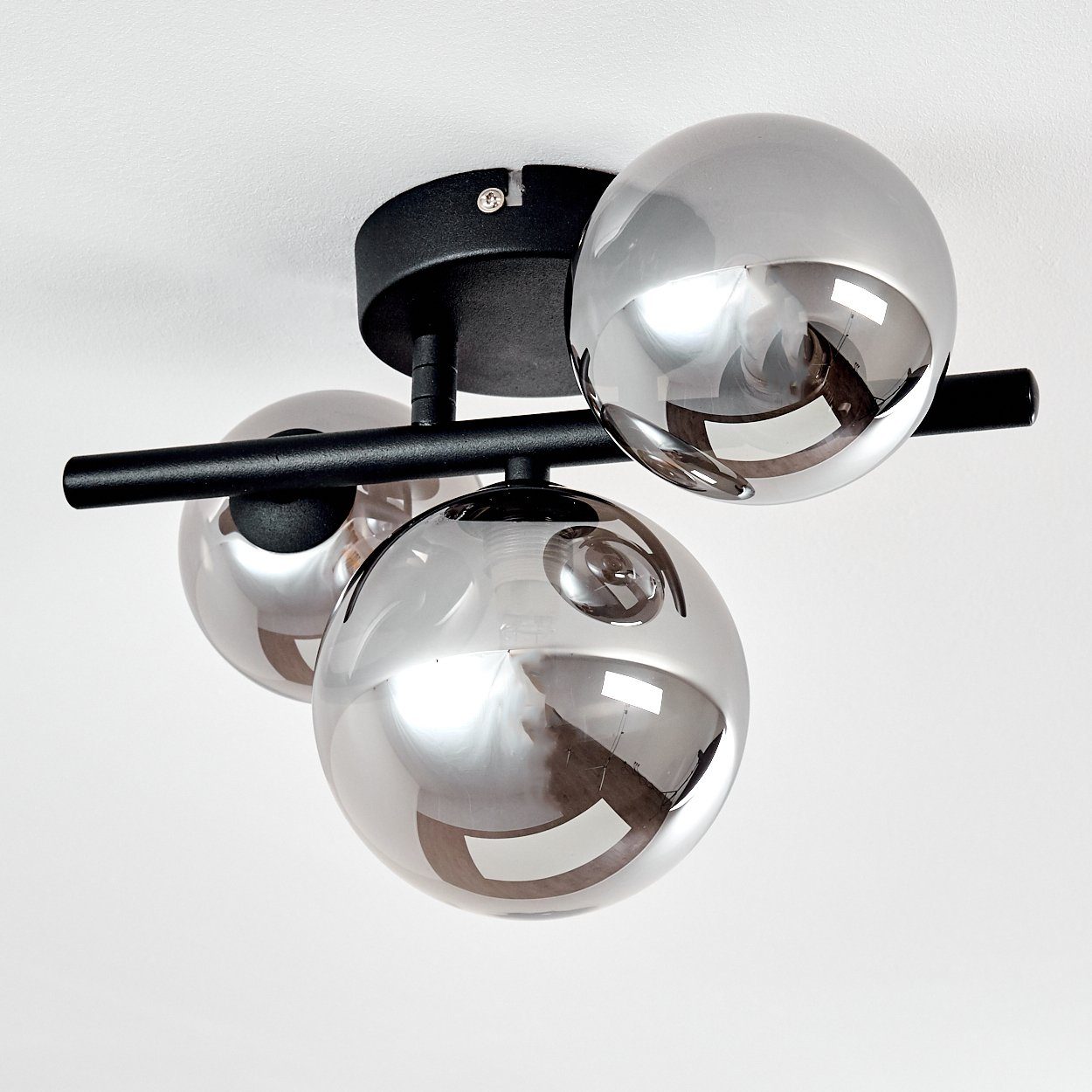 Deckenlampe in moderne »Bollate« Schirmen Leuchtmittel, ohne Leuchte Schwarz/Rauchfarben, aus aus 3000 Kelvin, mit Deckenleuchte Metall/Glas Echtglas/Rauchglas, hofstein 3xG9