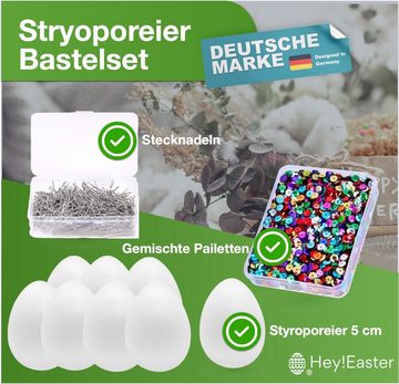 Hey!Easter® Styropor-Ei Ostern Bastel Set 10x Styroporeier - Bunte Pailetten - Stecknadeln, Anlass: Ostern