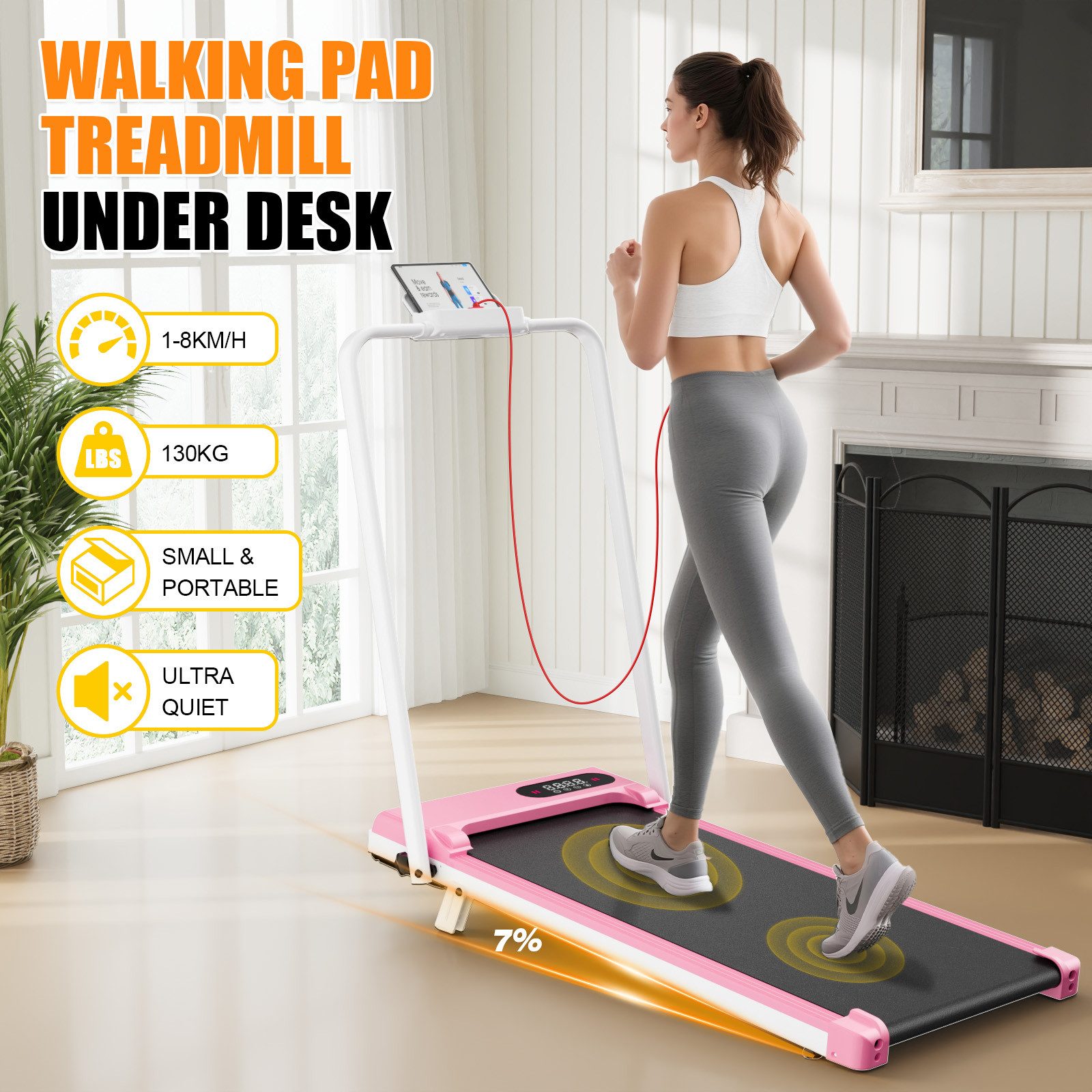 Dskeuzeew Laufband - Klappbares Laufbänder mit 7 % Steigung – 3-in-1-Laufband (mit Armlehnen und LED-Display - Lauffläche 38,5 x 90 cm), Walking Pad 1–8 km/h einstellbar - Motor 2,5 PS - Bis 130 kg