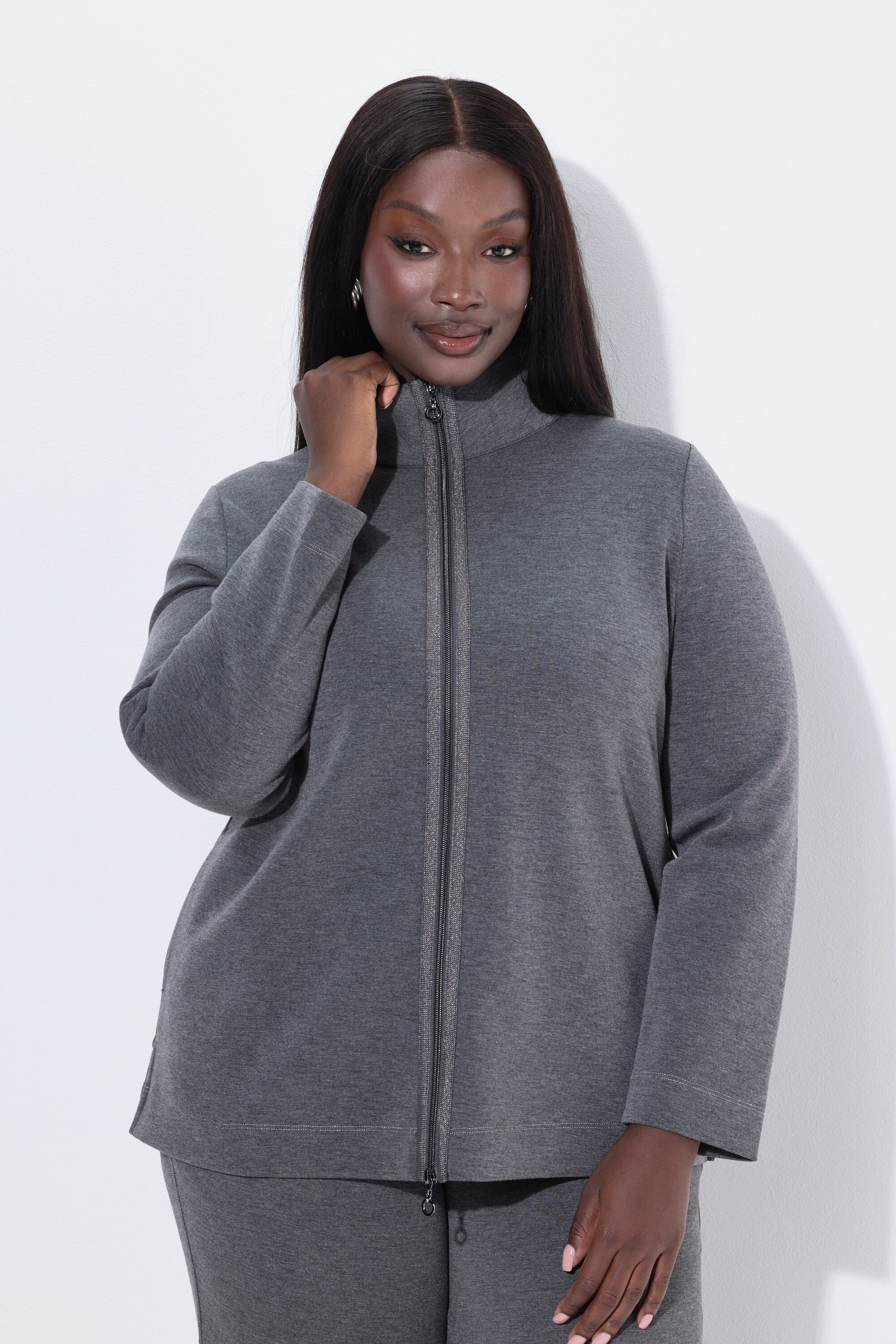 Ulla Popken Sweatjacke Sweatjacke Stehkragen 2-Wege-Zipper Glitzerband günstig online kaufen