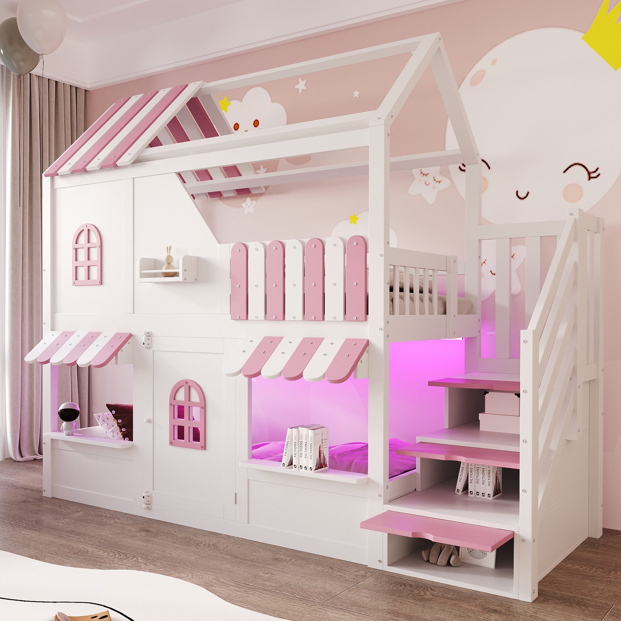 Flieks Etagenbett, Kinderbett Haus-Design 90×200cm mit Stauraumtreppe LED-Beleuchtung