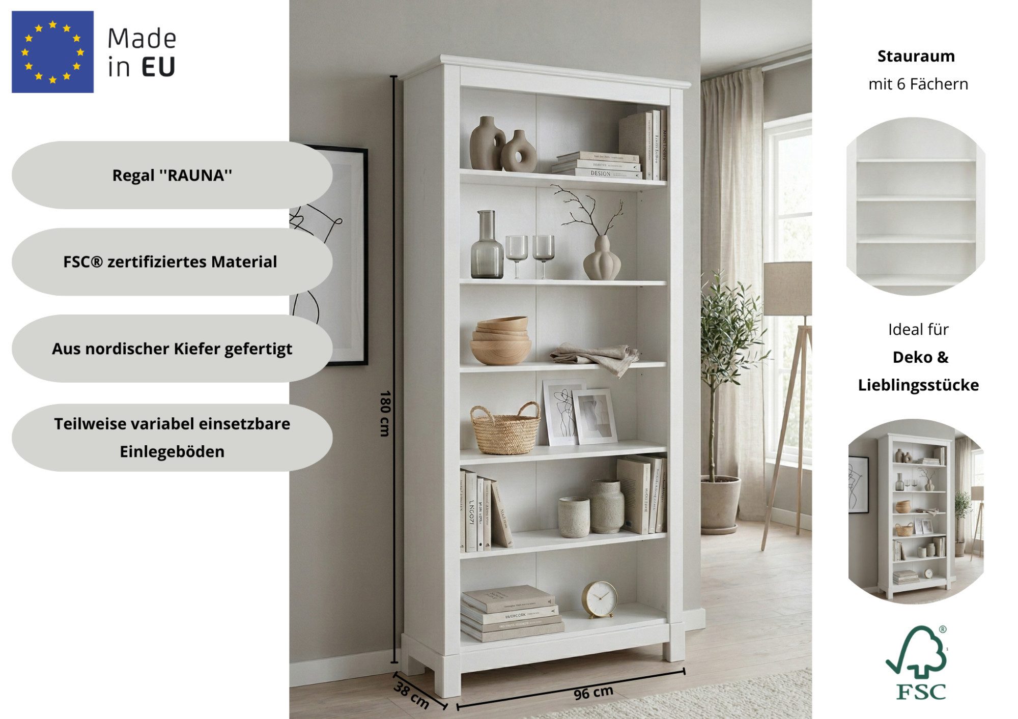 OTTO home Bücherregal Rauna, aus massiver Kiefer, Breite 96 cm, FSC® zertifiziert