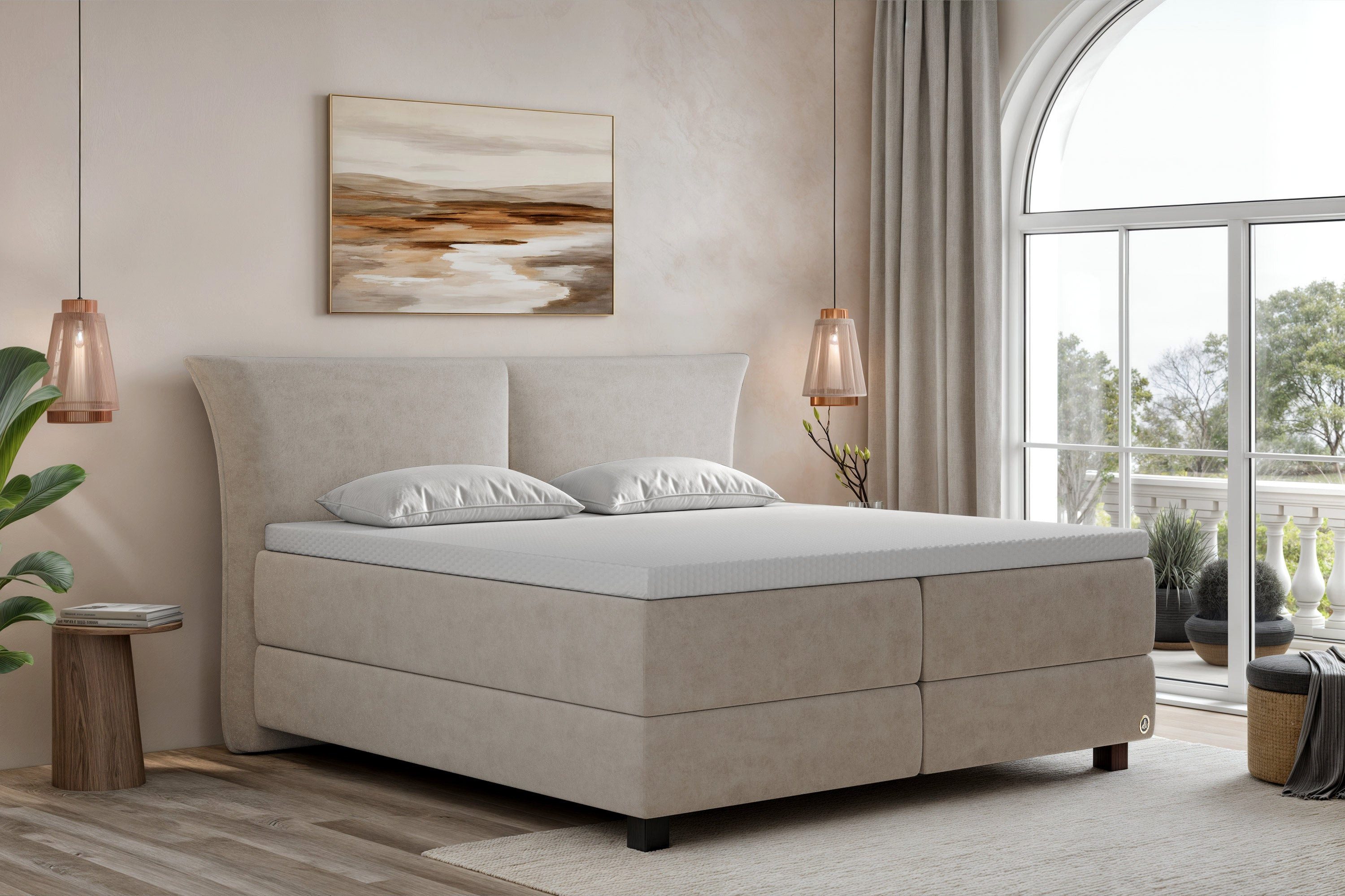 Di-Lara Boxspringbett Asteria 90x200 cm (Champagner, Taschenfederkern-Wendematratze H3/H4), mit Matratze(n) und Topper