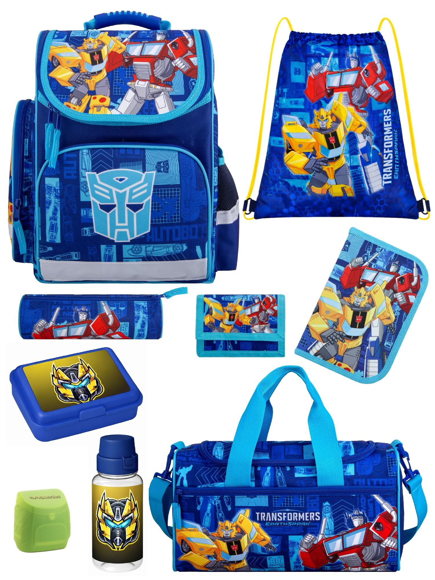 Familando Schulranzen Transformers 1.-4. Klasse ergonomisch, leicht, Volumen 15 Liter (Set, 9-tlg., inkl. Brotdose, Trinkflasche und Sporttasche), Transformers Bumblebee & Optimus Prime Motiv