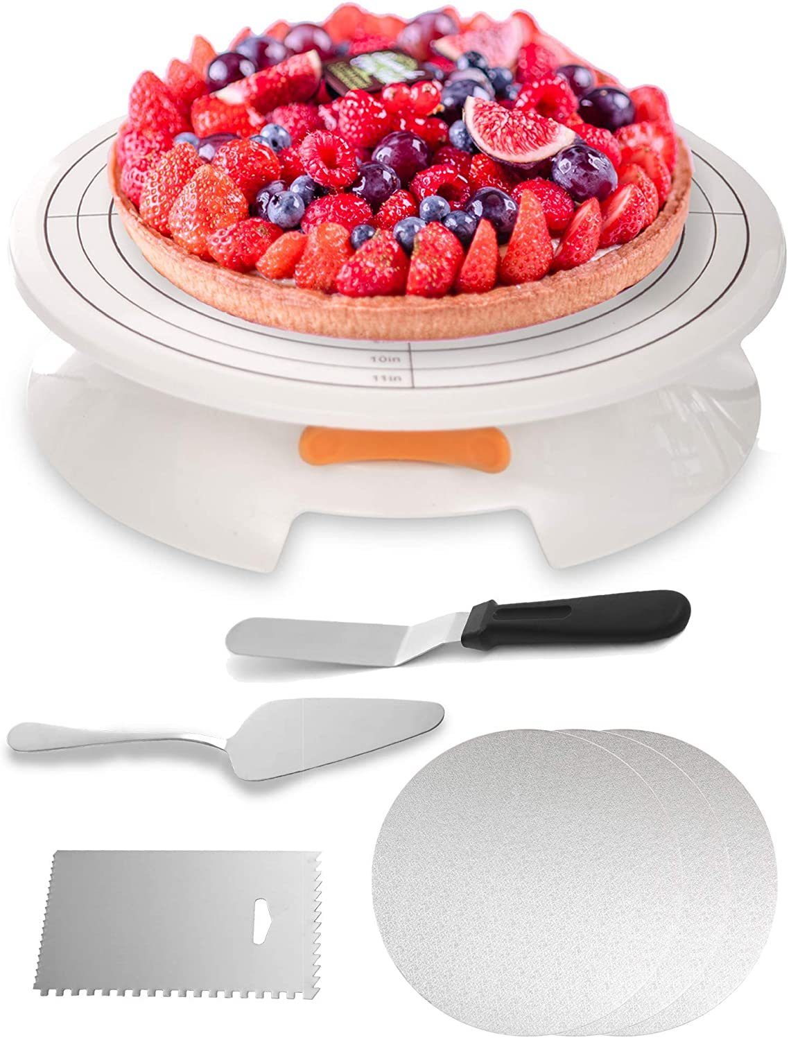 Praknu Tortenplatte Tortenplatte Drehbar Set 5 - teilig - 30cm Drehteller - rutschfest, Plastik-Edelstahl, (Set), 5-teilig - 30cm Drehteller - rutschfest - Zum Dekorieren und Verzieren