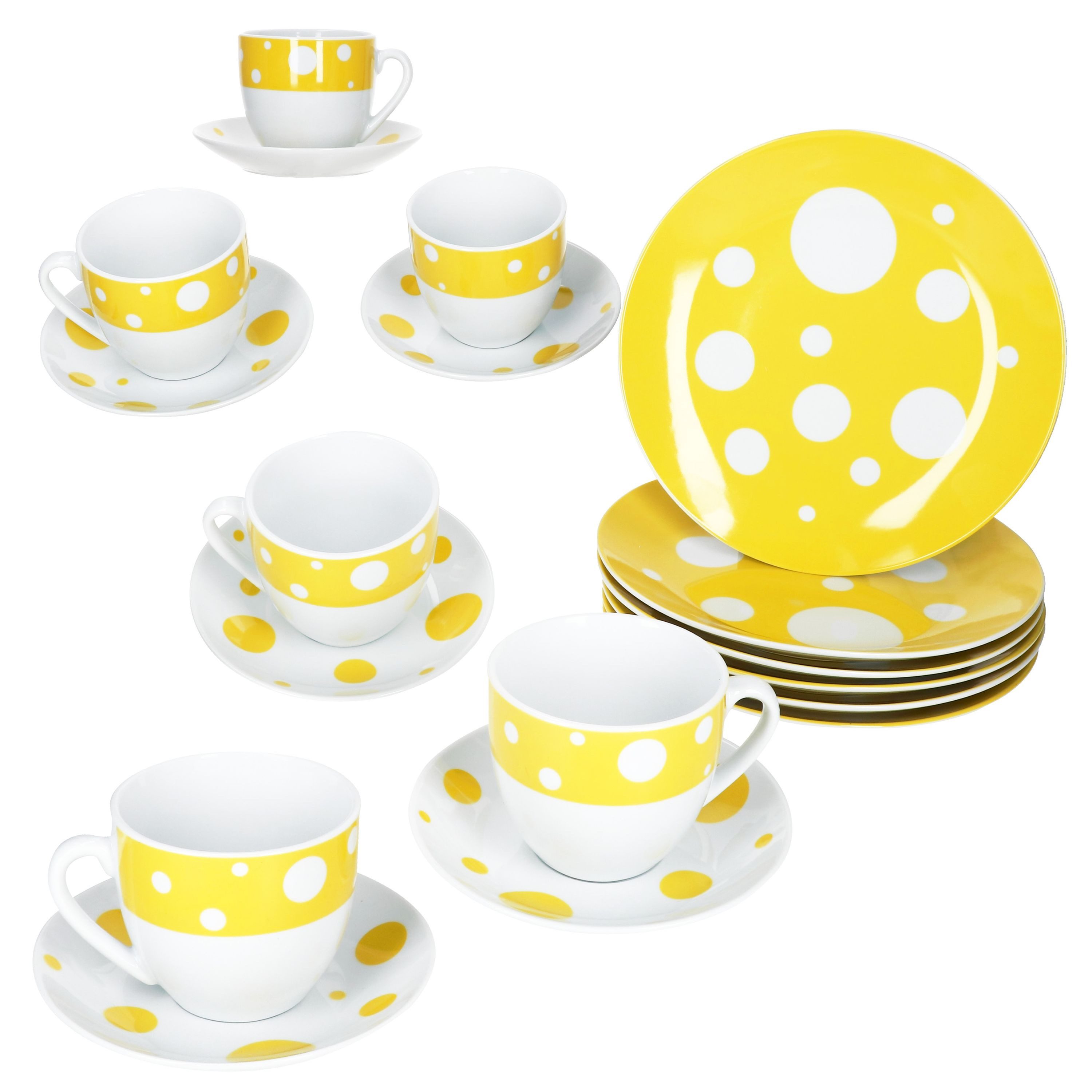 MamboCat Кофейный сервиз 18tlg Кофейный сервиз Pula gelb Porzellan 6 Pers. Tassen Teller Punkte, Porzellan
