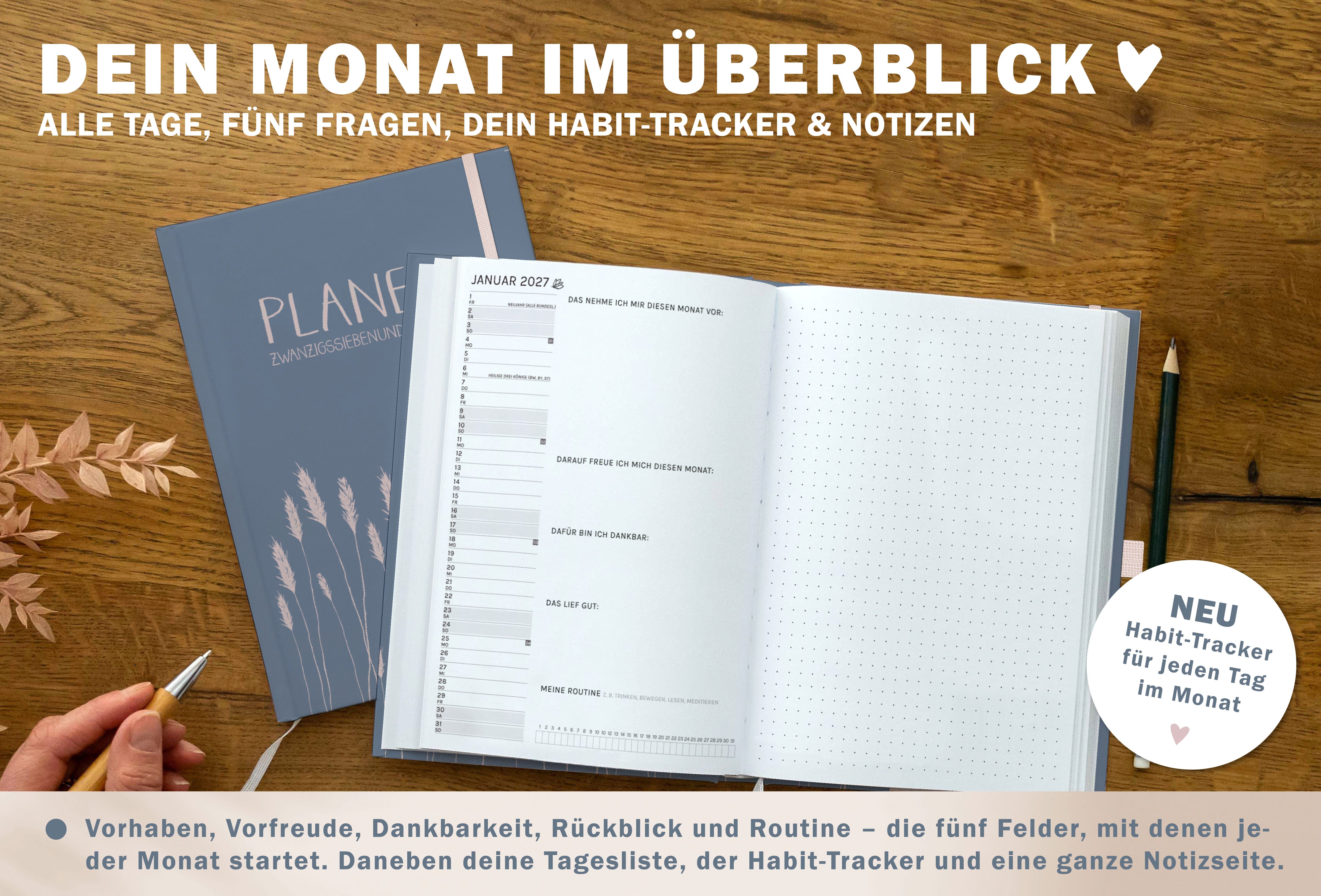 Eine der Guten Verlag Terminkalender Terminplaner 2027 - A5, blau rosa, 1 Doppelseite / Woche, FSC-Papier, Hardcover, Gummiband, Stiftschlaufe – Bild 5 von 5