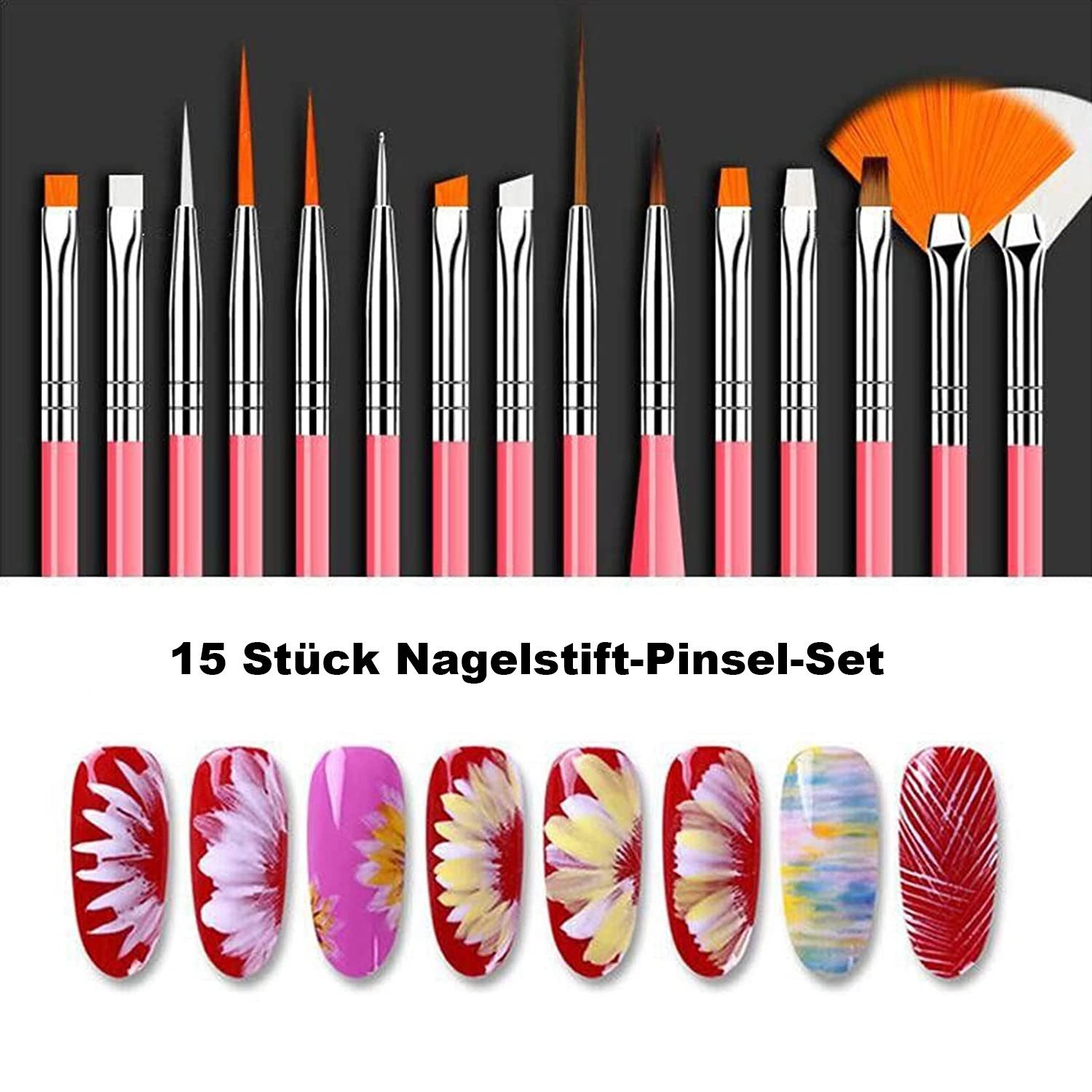KINSI Kosmetikpinsel-Set 15 Nagelbürsten-Werkzeug-Set, Nagelbürsten-Set für UV-Kleber, 15 tlg., Multifunktional Acryl Nagel Kunst Pinsel, Painting Salon and DIY
