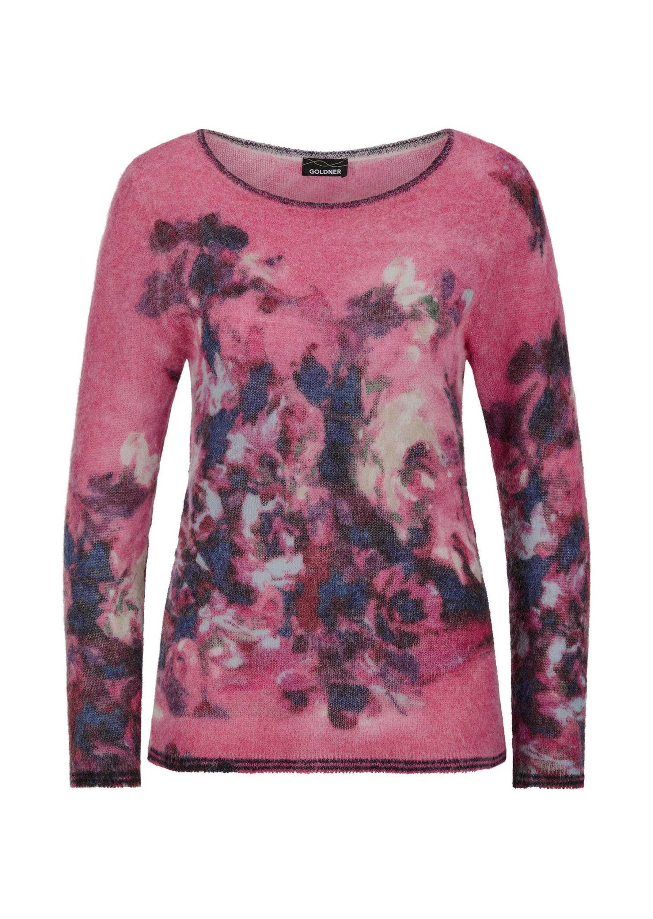 GOLDNER Strickpullover Wollpullover floral, U-Boot-Ausschnitt Strickpullover mit schmalen Säumen und langen Ärmeln