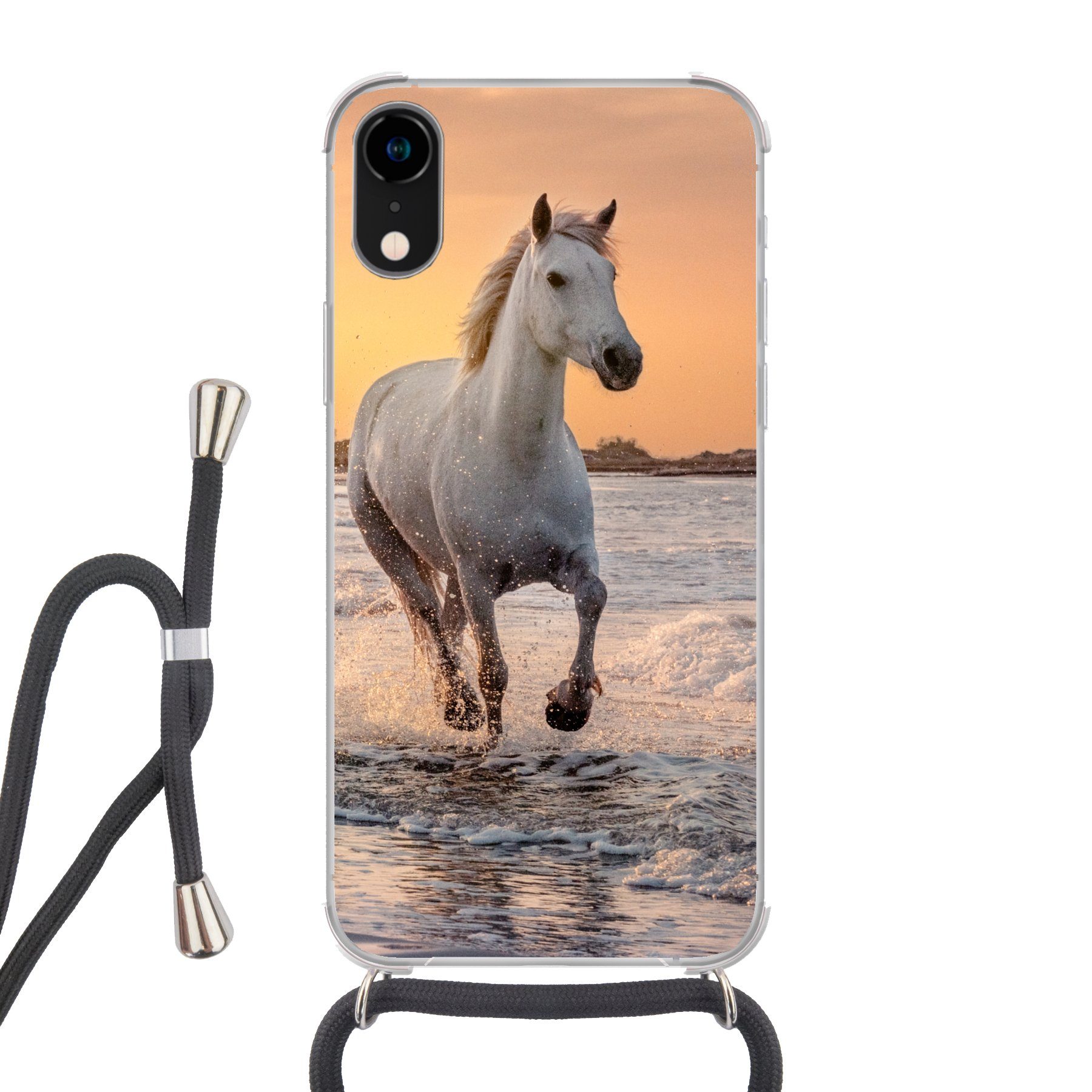 MuchoWow Handyhülle für Apple iPhone XR Pferde - Sonne - Meer - Strand - Tiere, Tragbare Handyhüllen mit Kette zum umhängen, Handykette Handyband