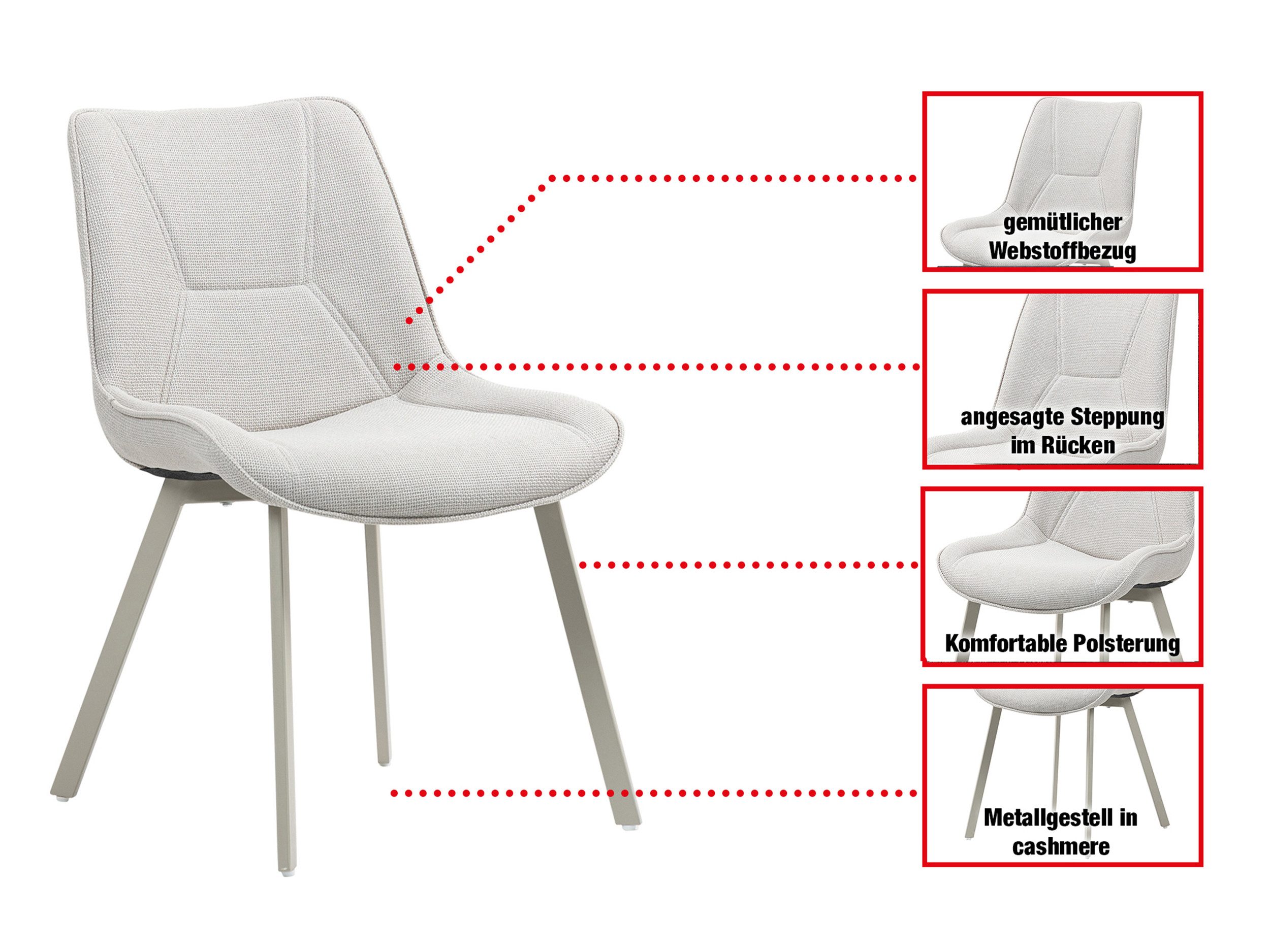 Die Möbelfundgrube® Polsterstuhl Esszimmerstuhl Webstoff grau, fest gepolstert »MILA«, Metallgestell cashmere · dekorative Steppung