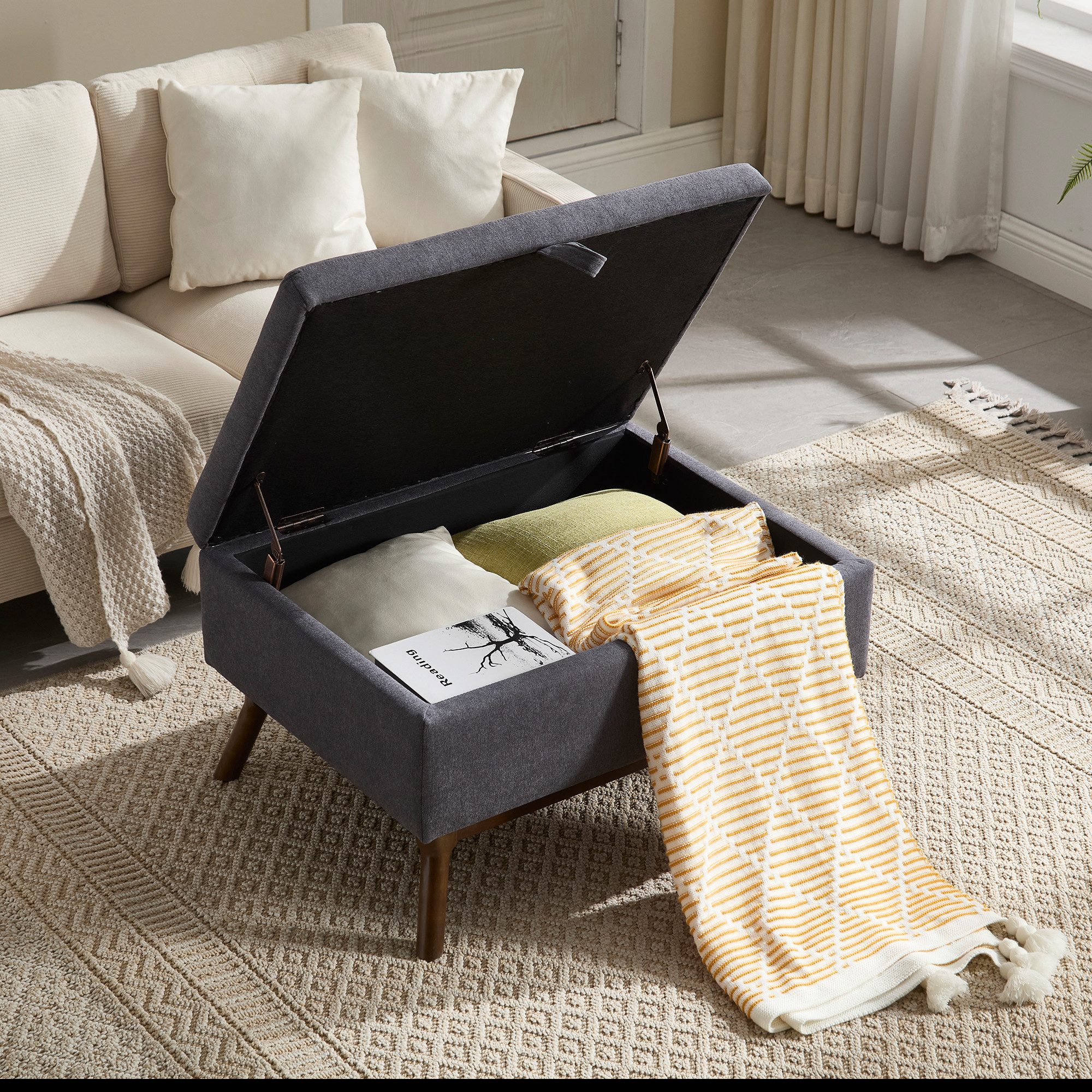 Yorbay Schuhbank Mid-Century moderne quadratische Couchtisch Ablagebank, 80x59x45cm, Couchtisch, Steigbügel, Schuhbank, Dunkelgrau