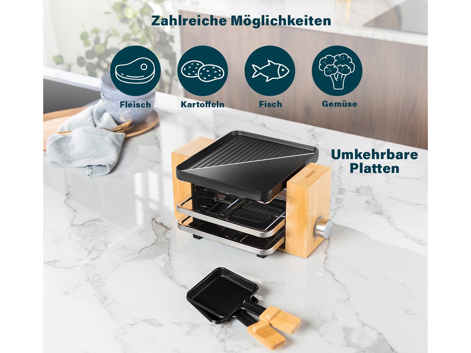 PRINCESS Raclette, 800 W, Parkdeck für Personen, Bambus 2-4 Design Tischgrill Kleiner Pfännchen