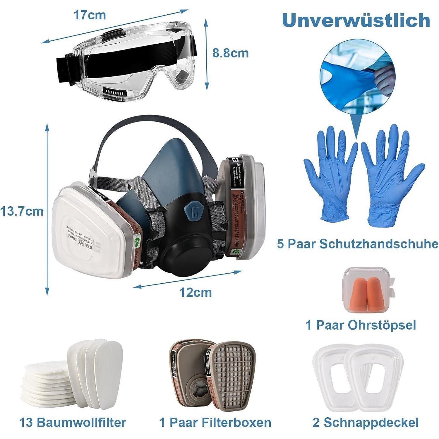 LuxusKollektion Atemschutz-Vollmaske Atemschutzmaske Set A1P2 mit Schutzbrille und Filtern wiederverwendbar
