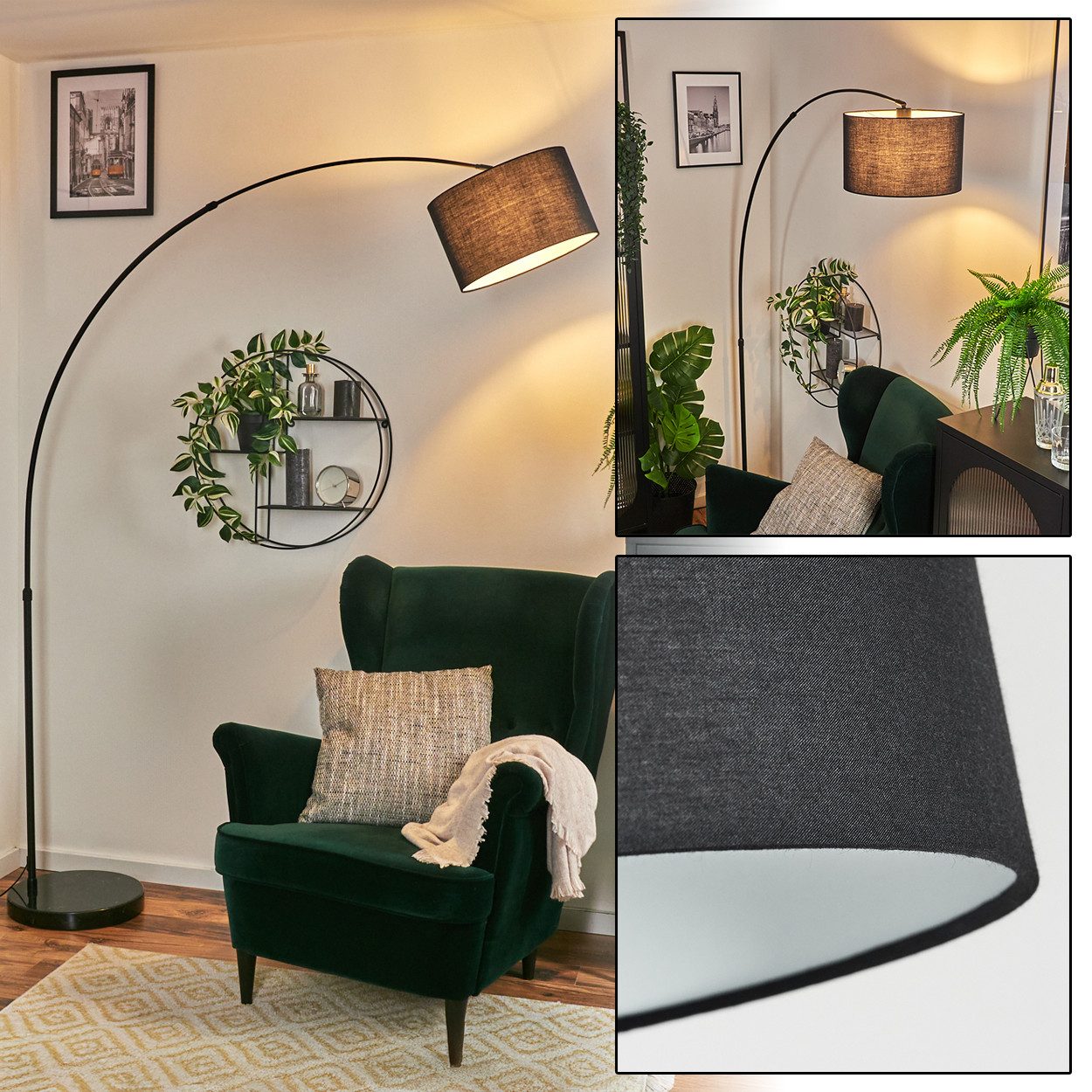 hofstein Bogenlampe Stehlampe mit Marmorfuß aus Metall/Stoff in Schwarz/Weiß, verstellbare Stehleuchte im modernen Design mit Fußschalter, E27