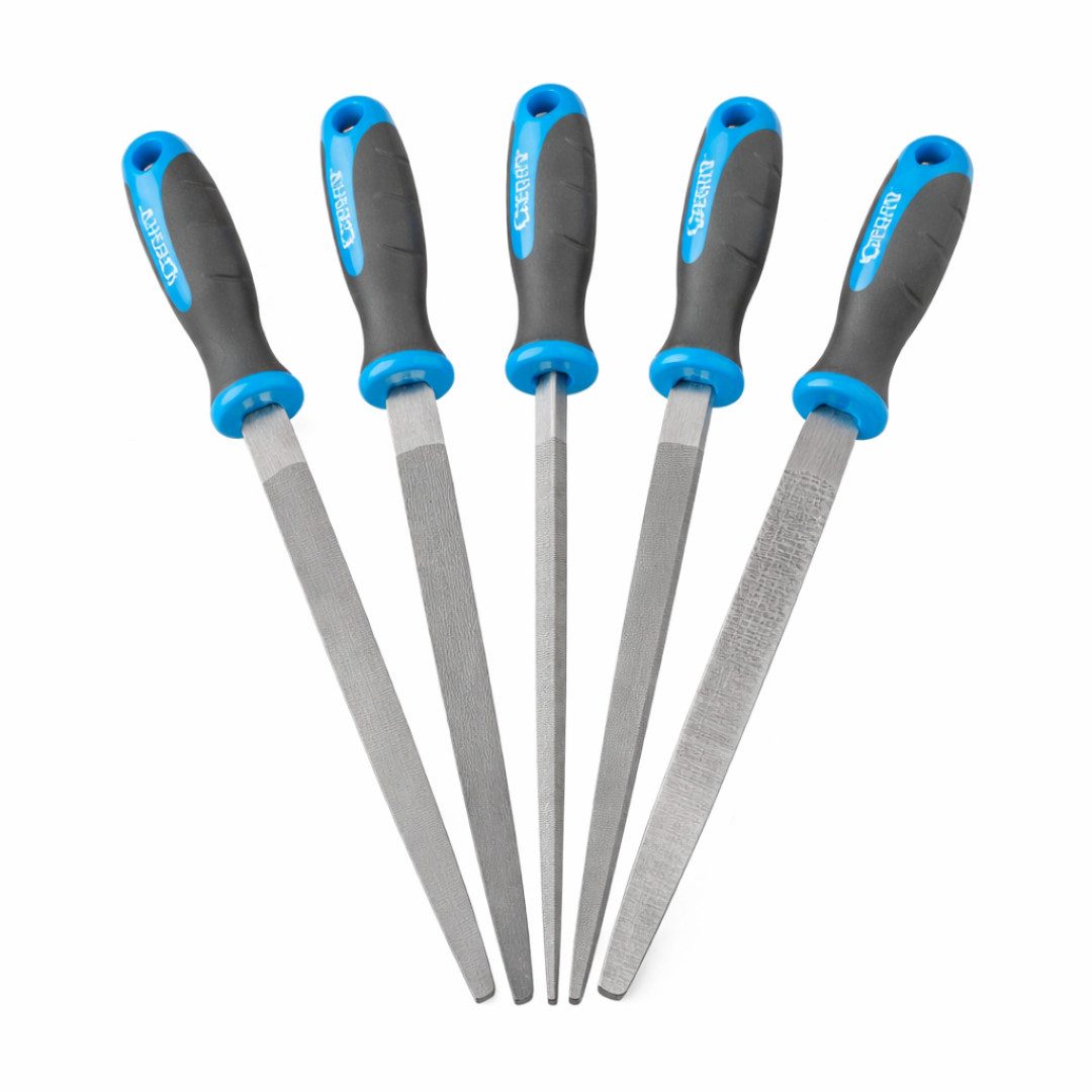 GEKO Feile Werkstattfeilen Set 5tlg 200mm Rund Halbrund Flach Vierkant Dreieck, (Set, 5 St), Kohlenstoffstahl, ergonomische Griffe