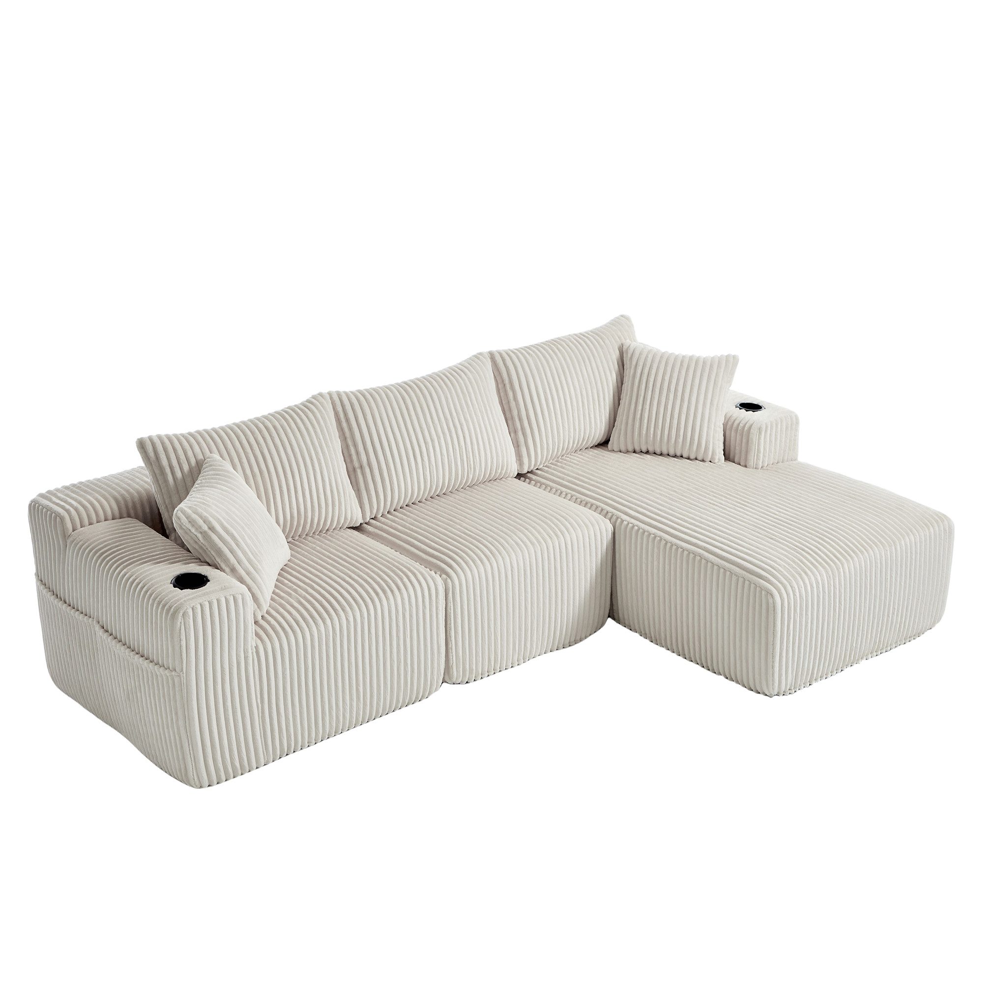 BlingBin Sofa 3-Sitzer Modulares Sofa Set mit Chaiselongue & 2-Sitzer, Ecksofa 1 Teile, weicher Cordbezug, mit 5 Kissen, seitliche Taschen & Getränkehalter