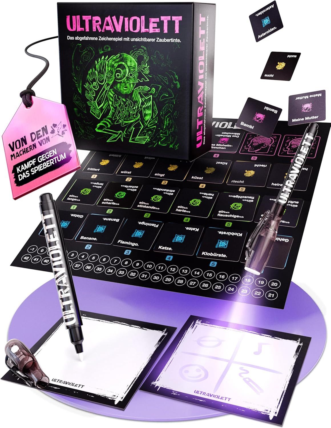Kampfhummel Spiele Spiel Ultraviolett – Das Zeichenspiel mit unsichtbarer Zaubertinte, Zeichenspiel für Erwachsene, mit UV-Stiften und Licht, 3-4 Spieler