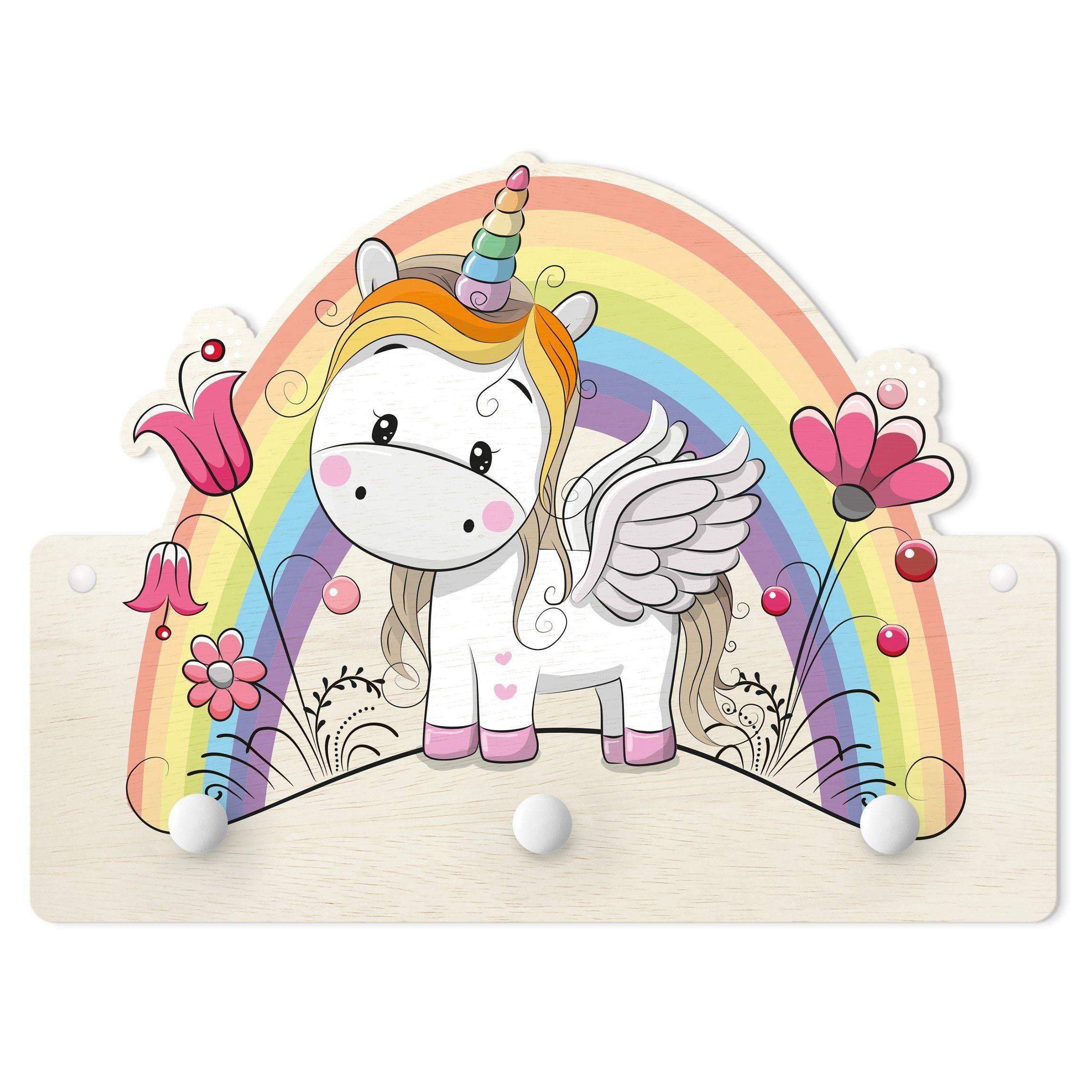 Bilderdepot24 Garderobenpaneel pastell Tiere Regenbogen Einhorn (Kindergarderobe holz Kleiderhaken für die Wand inkl. Montagematerial), moderne Wand Garderobenleiste Flur - kleine Hakenleiste Kinderzimmer