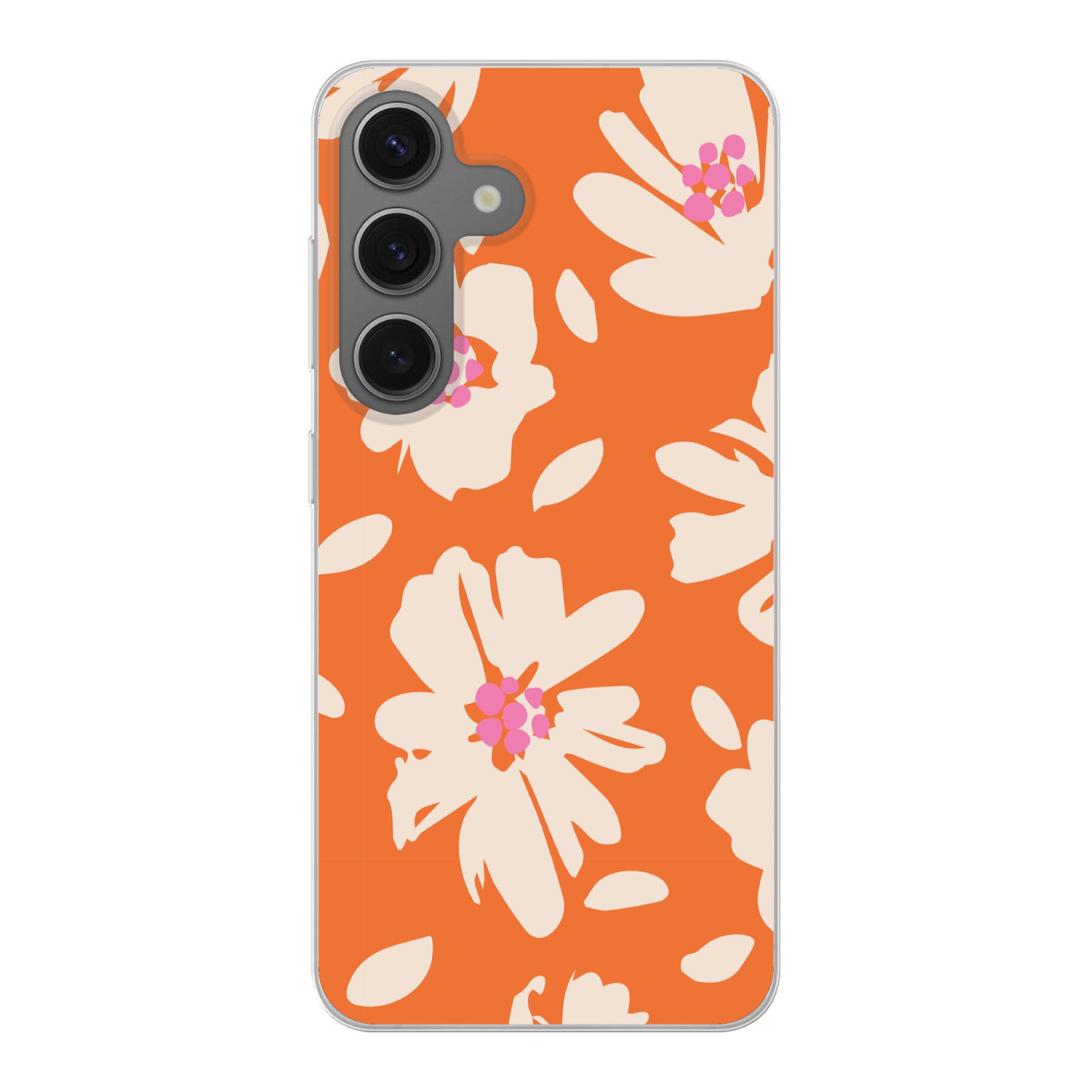 MuchoWow Handyhülle für Samsung Galaxy S25 Blumen - Orange - Beige - Rosa - Abstrakt, Phone Case, Silikon, Schutzhülle Dünn