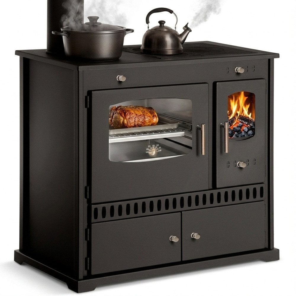 Prometey Festbrennstoffherd Küchenofen Holzherd P ECO INOX Edelstahlbackfach, linke Version, 7.0 kW