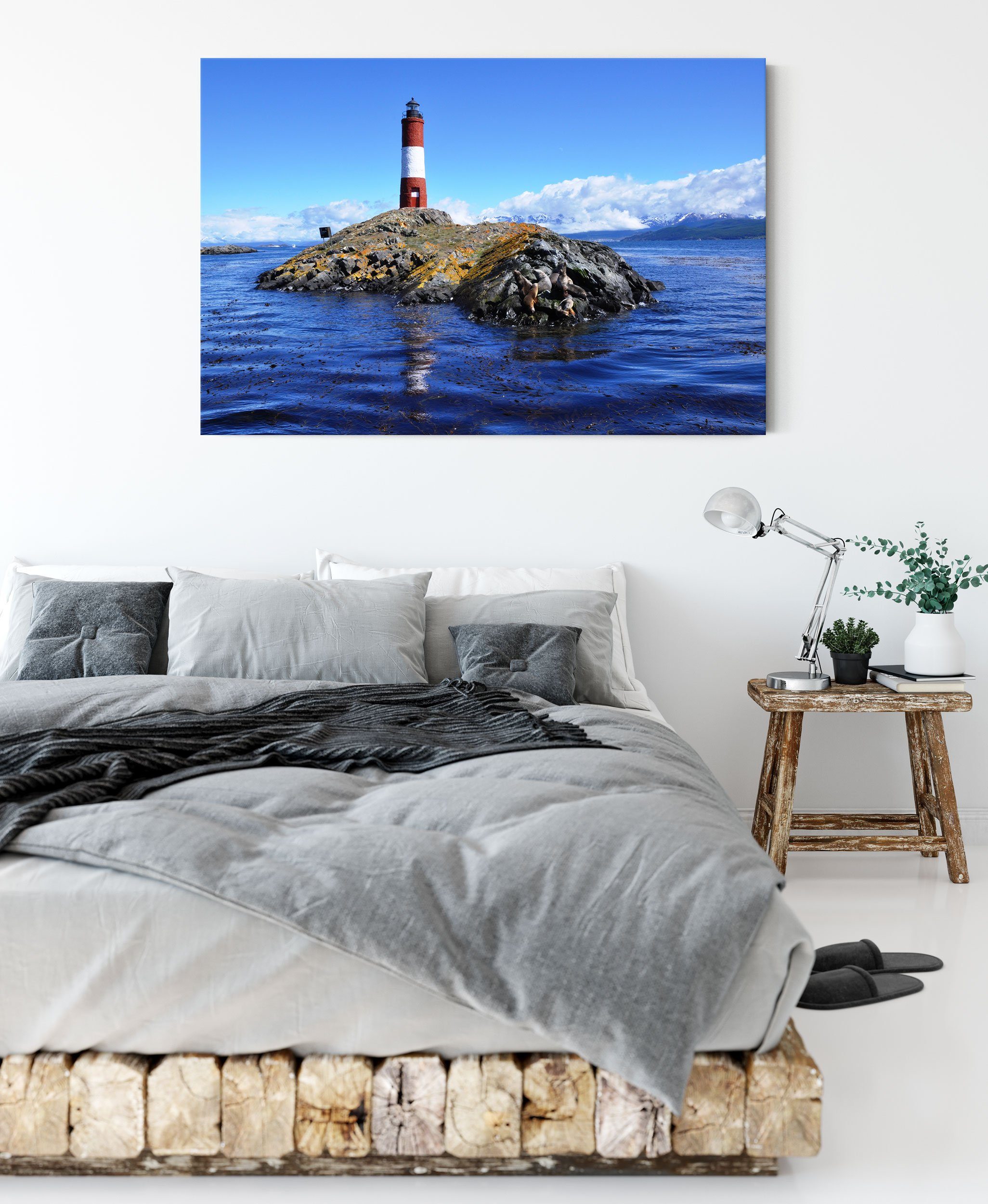Leinwandbild bespannt, Leinwandbild Robben, Leuchtturm Pixxprint Leuchtturm Robben (1 St), inkl. Zackenaufhänger mit fertig mit
