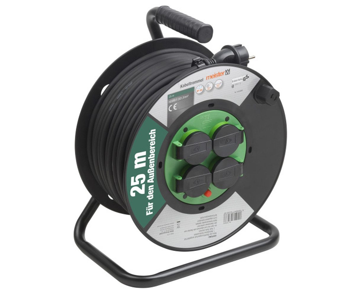 Meister Werkzeuge Kabeltrommel Verlängerungskabel H05RR-F 3G1,5mm² 25m mit 4 Steckdosen Kabeltrommel 4-fach (Thermoschalter, Kabellänge 25 m)