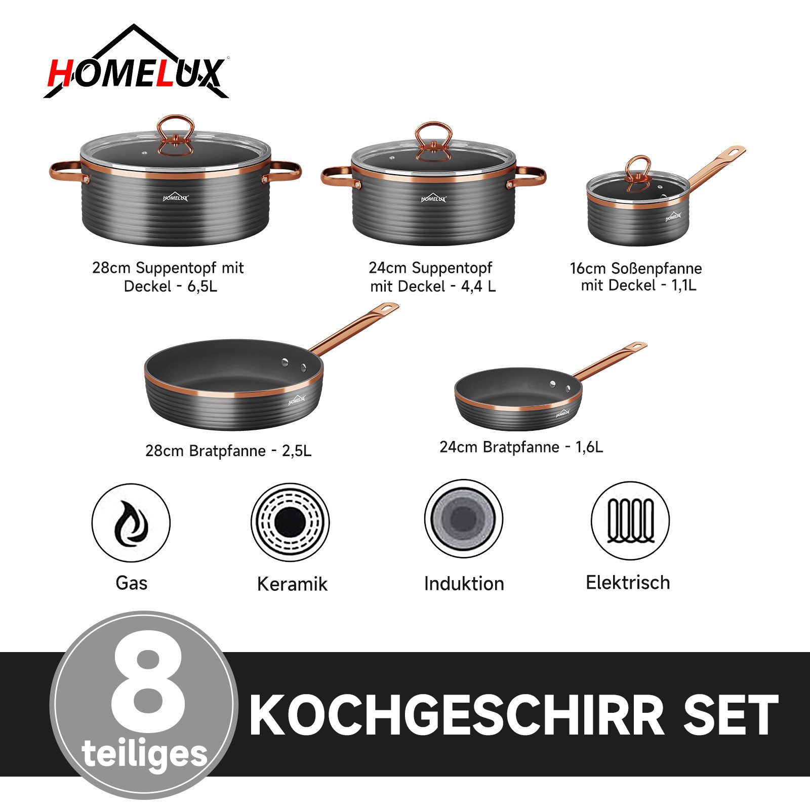 HOMELUX Topf-Set 8-teiliges Induktions Küchenhelfer-Set, Aluminium (8-tlg, 8-tlg., 2 Pfannen+2 Kochtöpfe+1 Kasserolle), für alle Herdarten geeignet