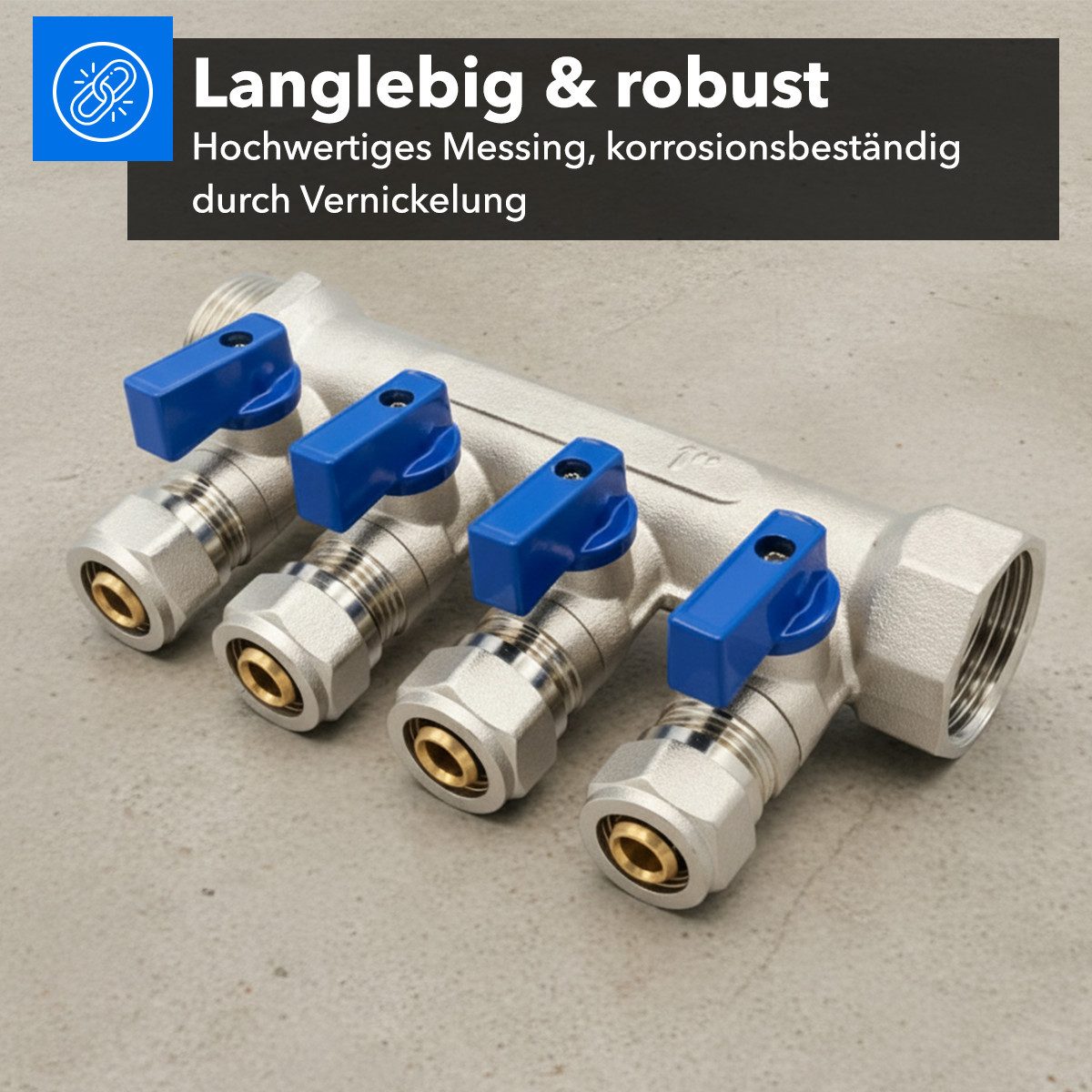 Belrad Gewindefitting Heizkreisverteiler für Heizungen BLR409, 4 Abgänge mit Kugelhahn, (1-tlg), Eurokonus 1/2" 16 mm, 1" AG/IG, vernickeltes Messing, 35 mm Abstand