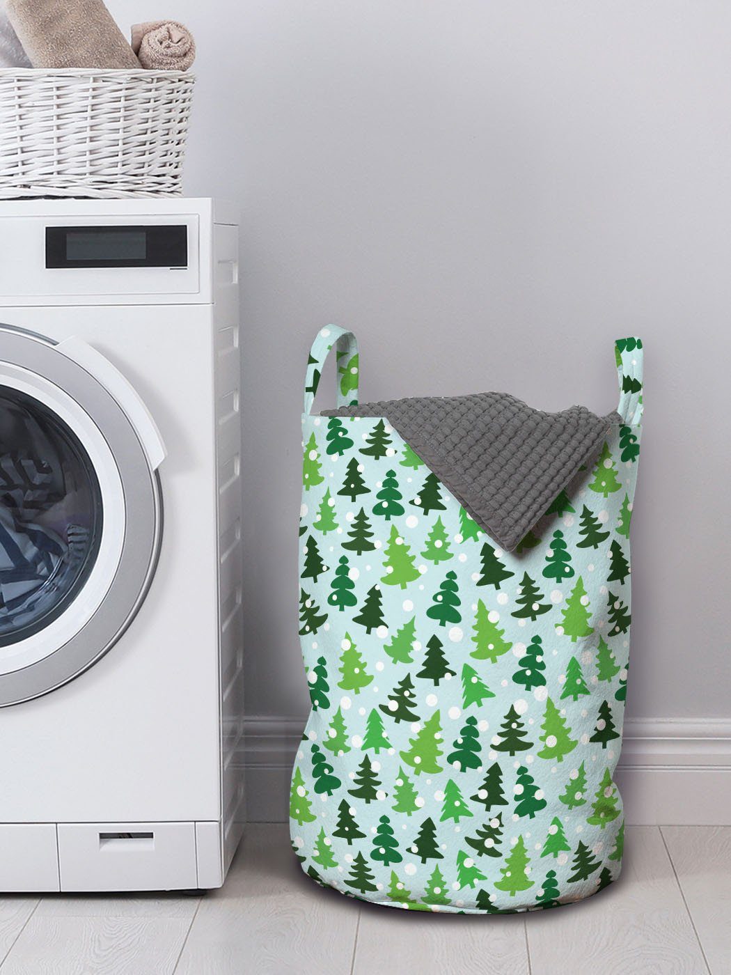 Abakuhaus für Griffen Northwoods mit Waschsalons, Silhouetten Kordelzugverschluss Wäschesäckchen grüne Wäschekorb