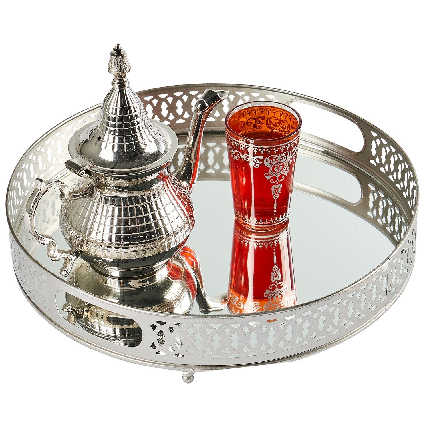 Marrakesch Orient & Mediterran Interior Dekotablett Spiegeltablett Serviertablett Deko Tablett Rund Nikita Silber, Handarbeit