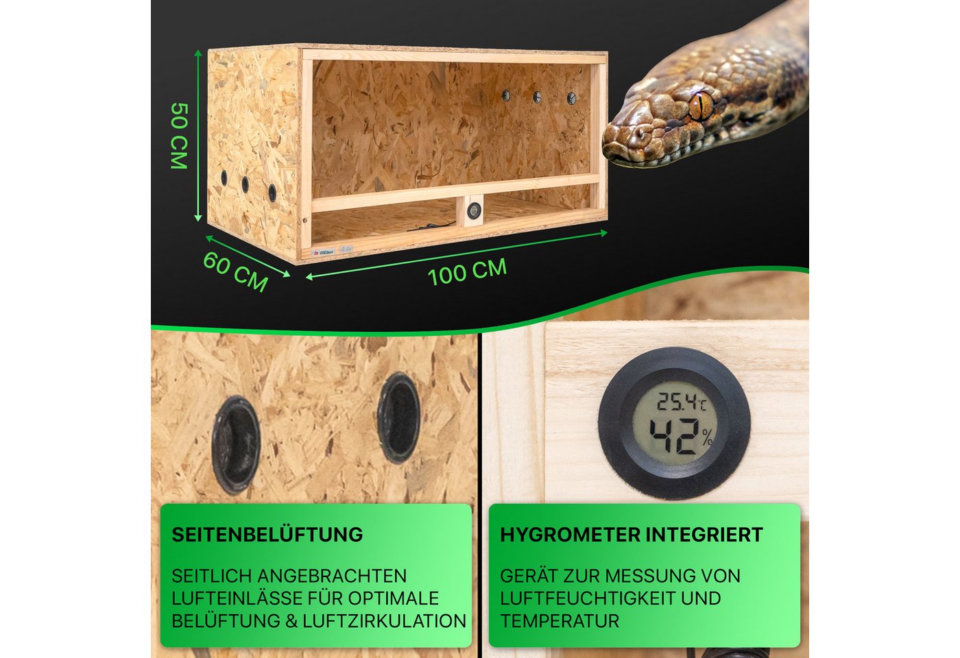 Thumbnail - ITA Terrarium Holz Terrarium 100x60x50 mit Seitenbelüftung & Integriertem Hygrometer, Holzterrarium aus OSB - Terrarien ...