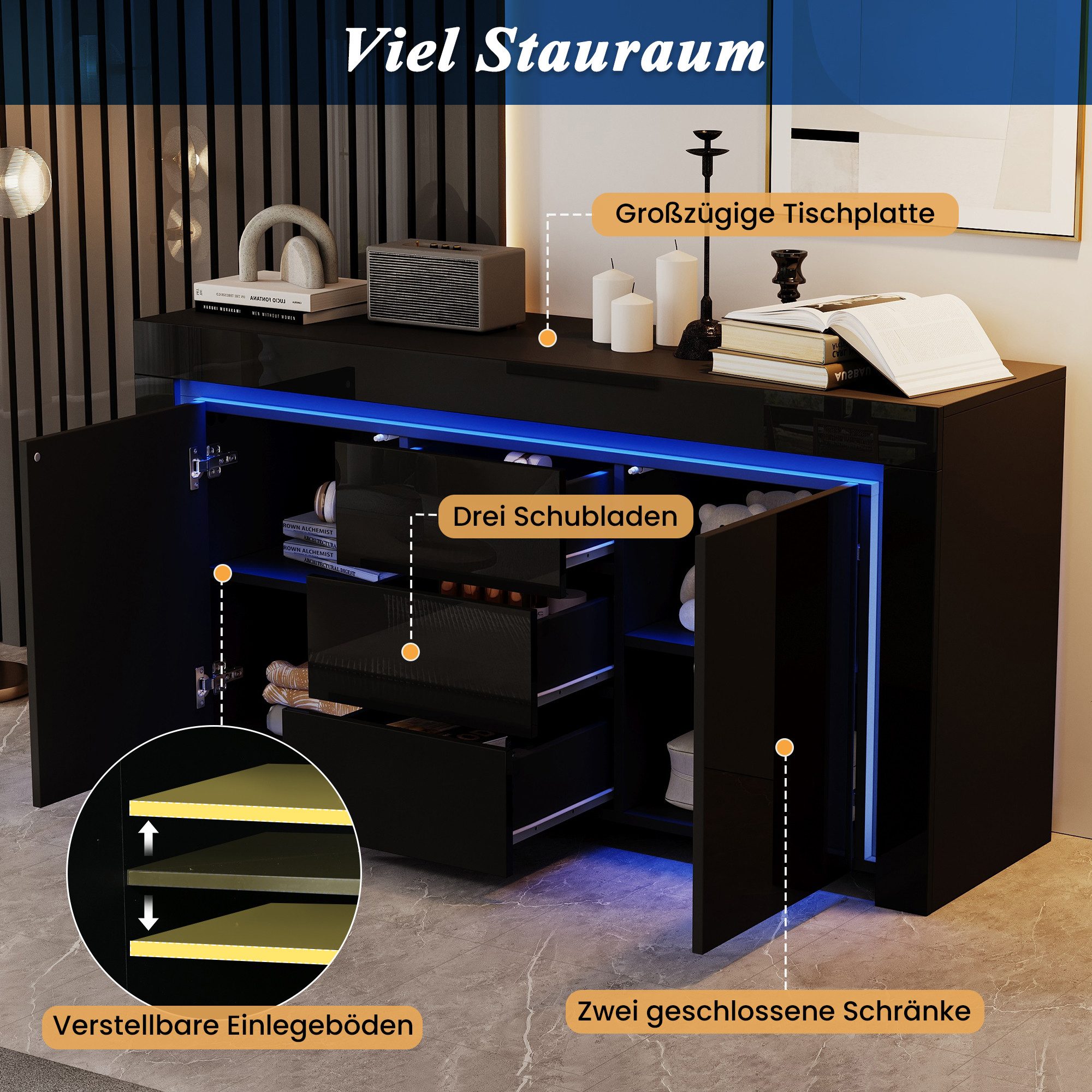 Merax Sideboard Hochglanz Anrichte mit LED-Beleuchtung (für Flur, Wohnzimmer, Büro, 1 St., 140×40×65cm), Kommode mit 2 Türen, 3 Schubladen & verstellbaren Einle – Bild 4 von 5