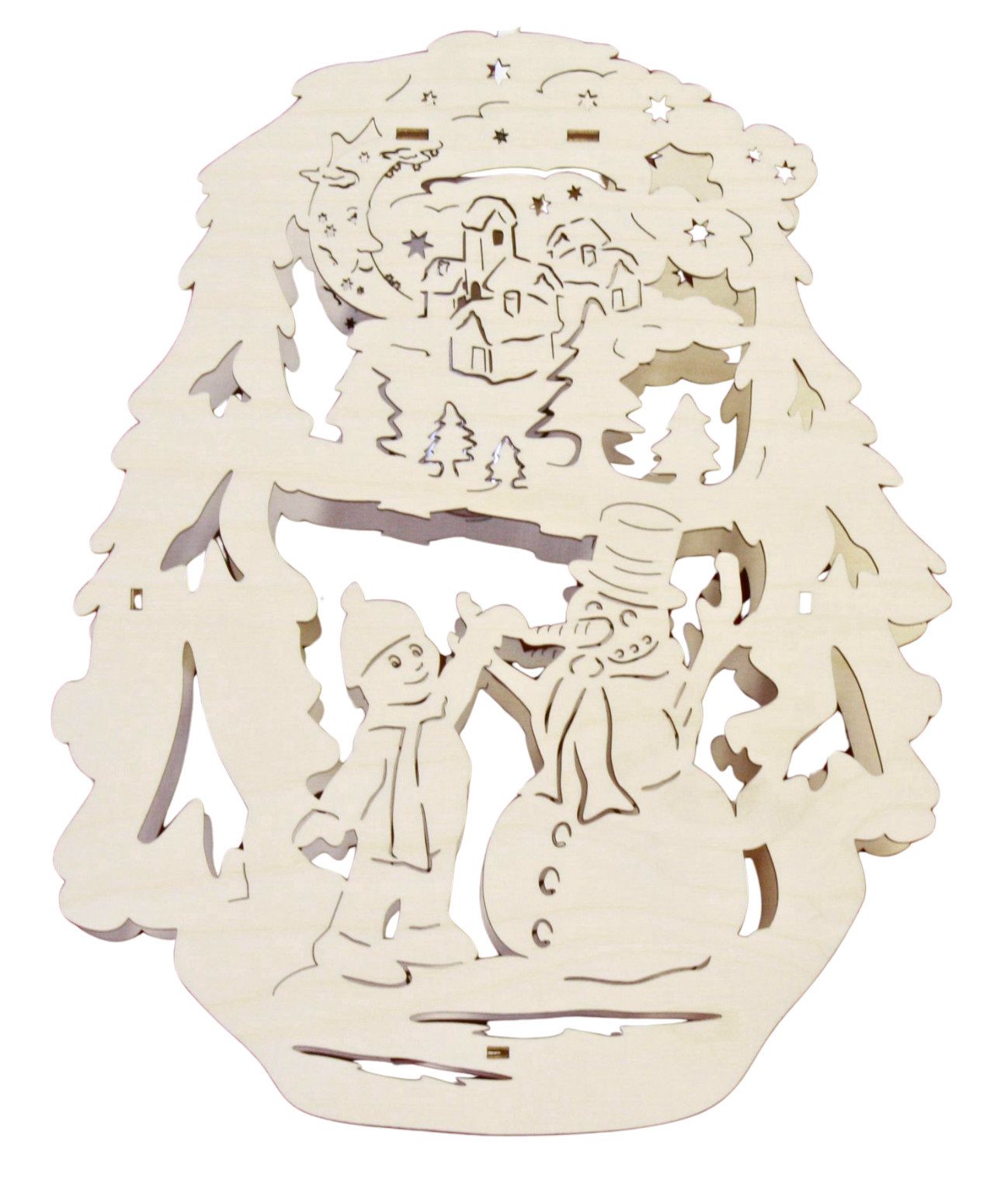 DeColibri Beleuchtetes Fensterbild Fensterbild Weihnachten "Schneemann bauen" beleuchtet - Holzkunst, Holzkunst aus Sachsen, beleuchtet