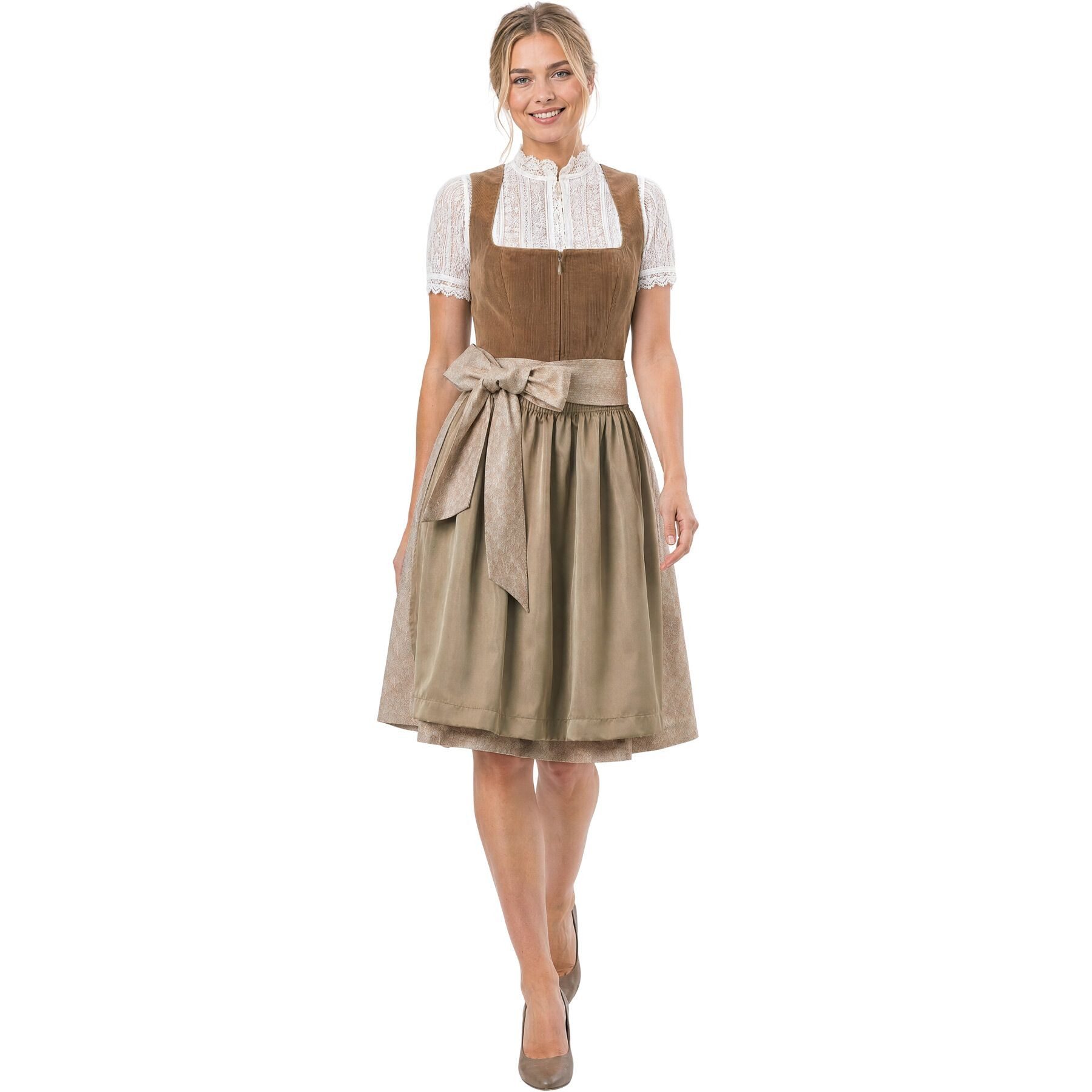 dressforfun Dirndl Mini-Dirndl Camel/Rosé, Cord-Mieder, Reißverschluss statt Schnürung (Trachtenkleid Jenna, in cappuccino) Versteckte Taschen, gerader Ausschnitt, breite Rosé-Musterschleife