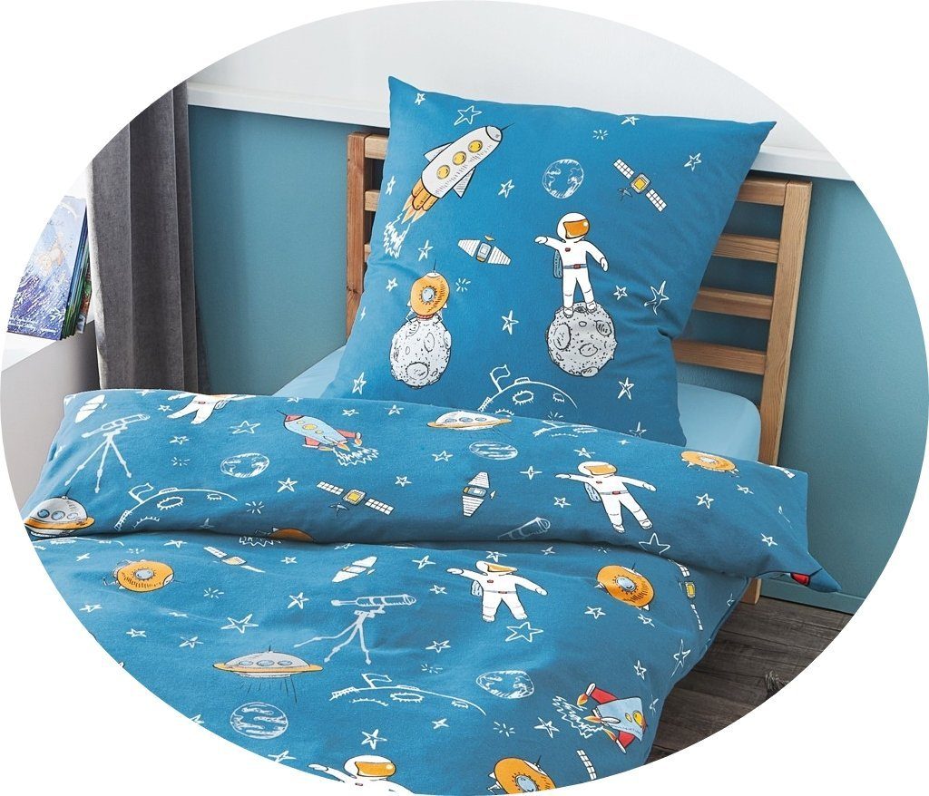 JACK Kinderbettwäsche JACK by Bierbaum Kinder Linon Bettwäsche 2 tlg. 135x200cm Astronaut, Renforcé, 2 teilig, Hochwertige Kinder Bettwäsche, Weltraum, Astronaut, aktuell und chic