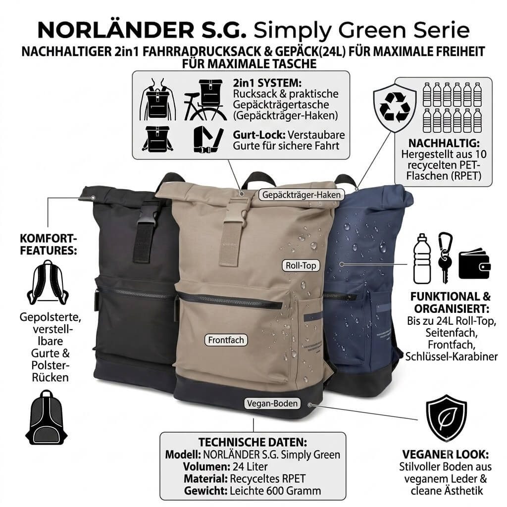 Norländer Fahrradrucksack Fahrrad-Rucksack 2in1 Gepäckträgertasche 24L Wasserabweisend Vegan, 2in1 Fahrradtasche, RPET Recycling, Fietshaken, Roll-Top, 20L, Vegan