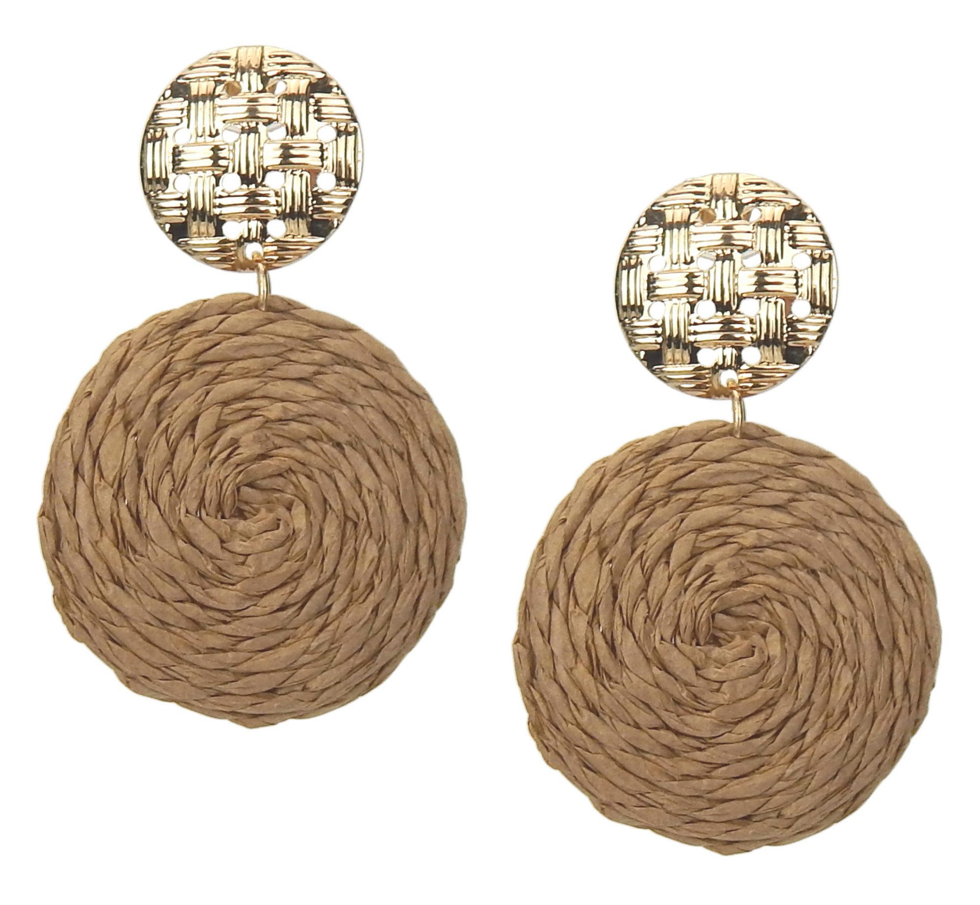 Ella Jonte Paar Ohrstecker, Bast Statement im Boho Ibiza-Look rund mit goldfarbenem Stecker