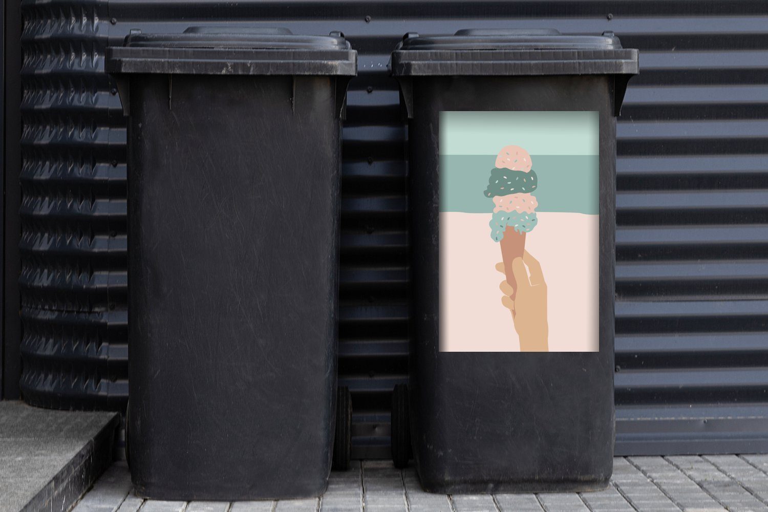 - Eiswaffel Sommer St), Sticker, Wandsticker Mülleimer-aufkleber, MuchoWow Container, Mülltonne, - Hand (1 Abfalbehälter