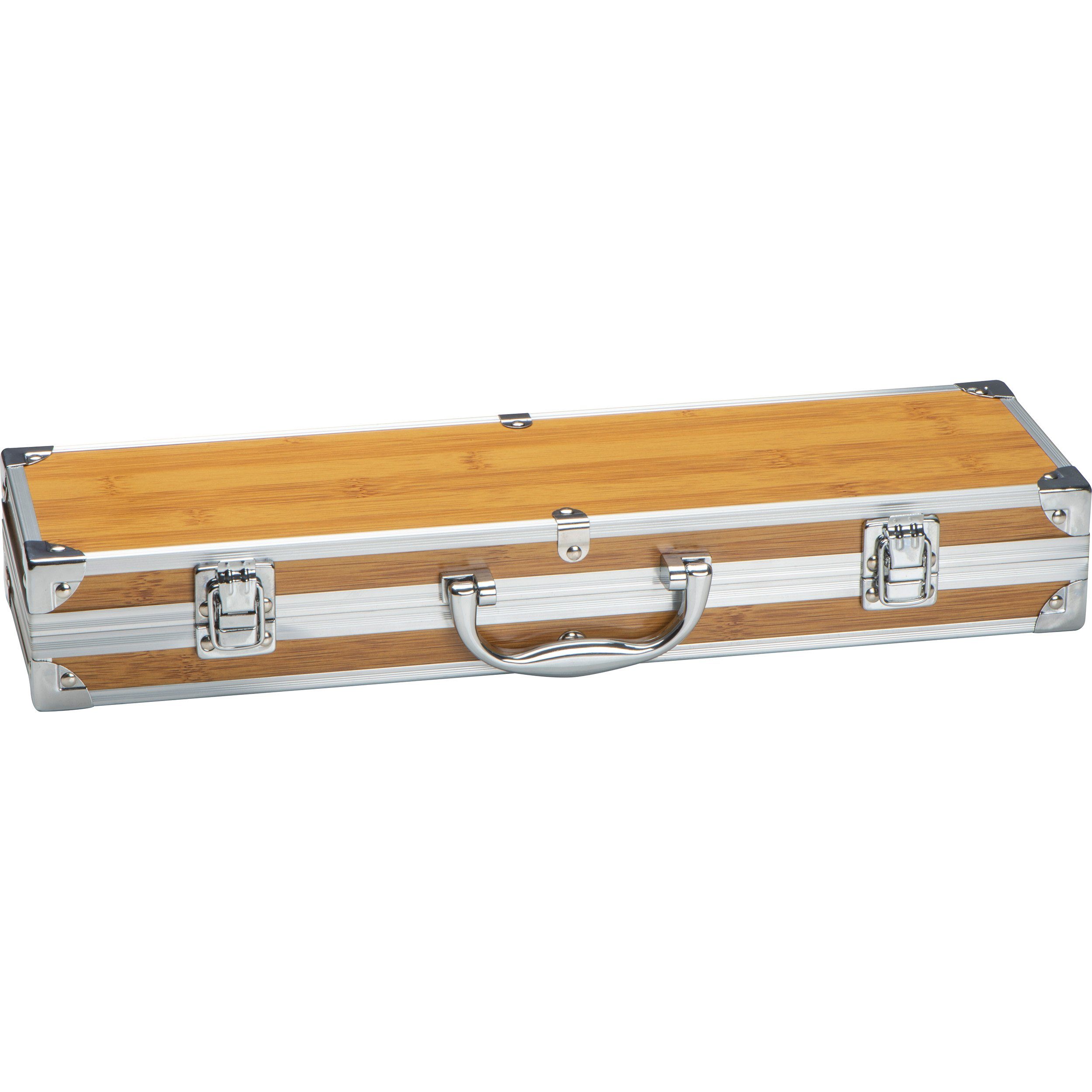 Macma Grillbesteck-Set Grillkoffer aus Metall mit Bambusapplikationen / 3 teiliges BBQ Bestec