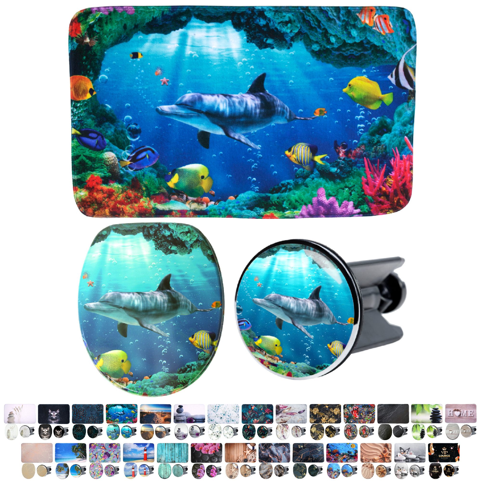 Sanilo Badaccessoire-Set 3-teilig mit Motiv, viele schöne Sets zur Auswahl, WC-Sitz mit Absenkautomatik, Badteppich 70 x 110 cm, Waschbeckenstöpsel, 3 tlg., 3-teilig, hochwertig & modern, universell, leichte Montage