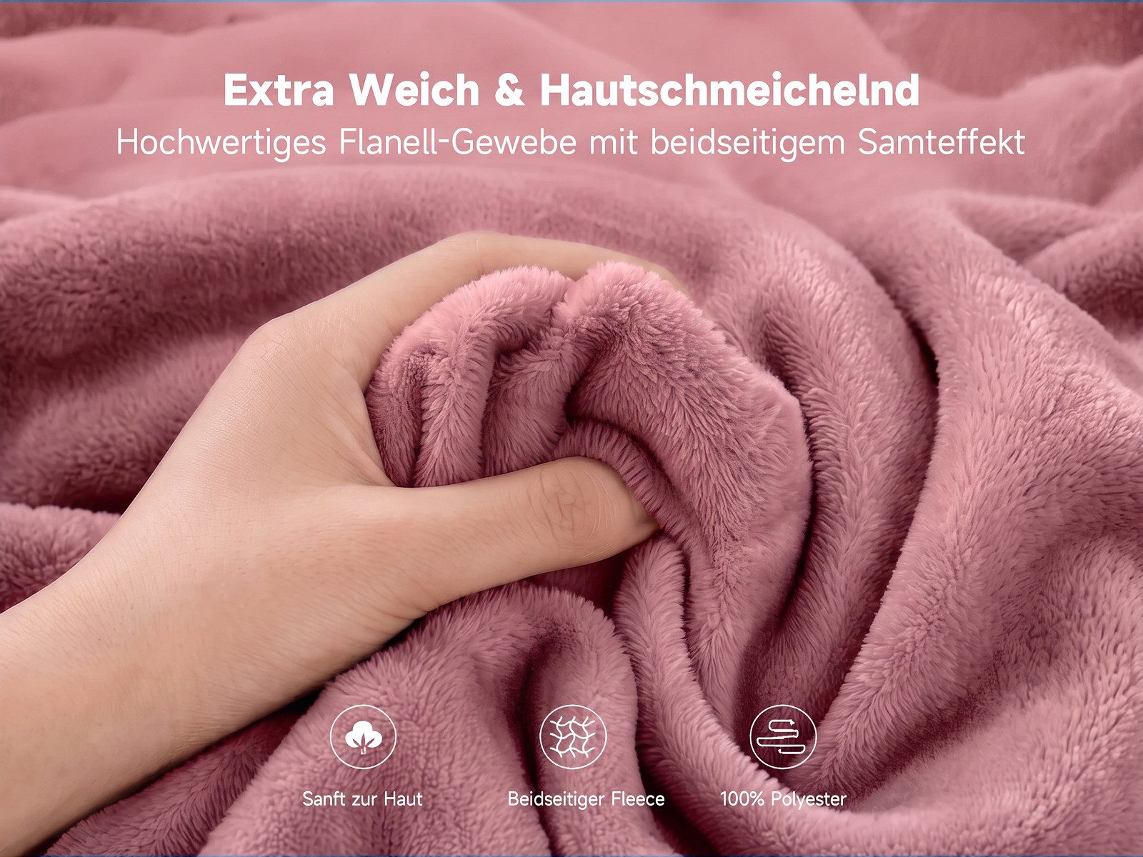 Suanp Kunstfaserbettdecke Flanell 150x200 cm - Weiche Wohndecke, Leicht & Warm, Rosa – Bild 3 von 5