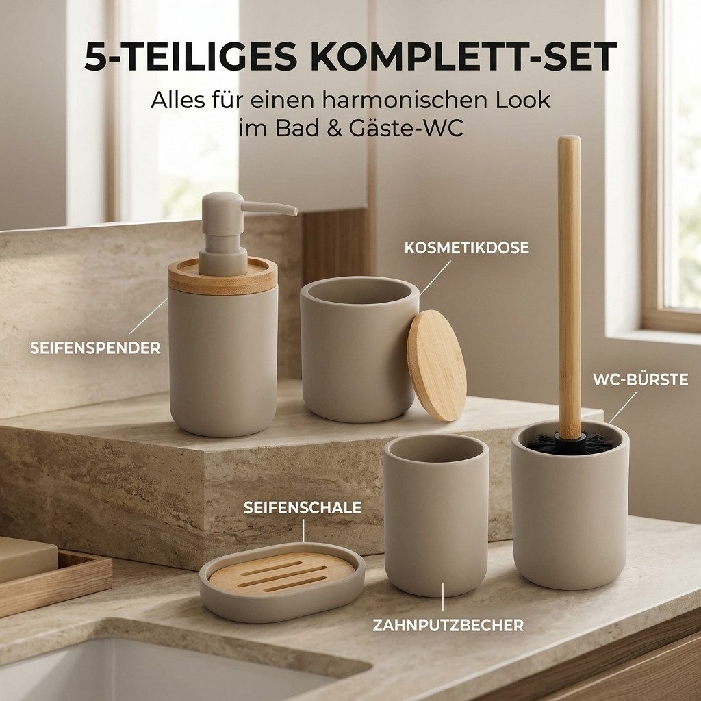 TENDANCE Badaccessoire-Set 5 teilig Zahnputzbecher Seifenspender Seifenschale WC Bürste Wattedose