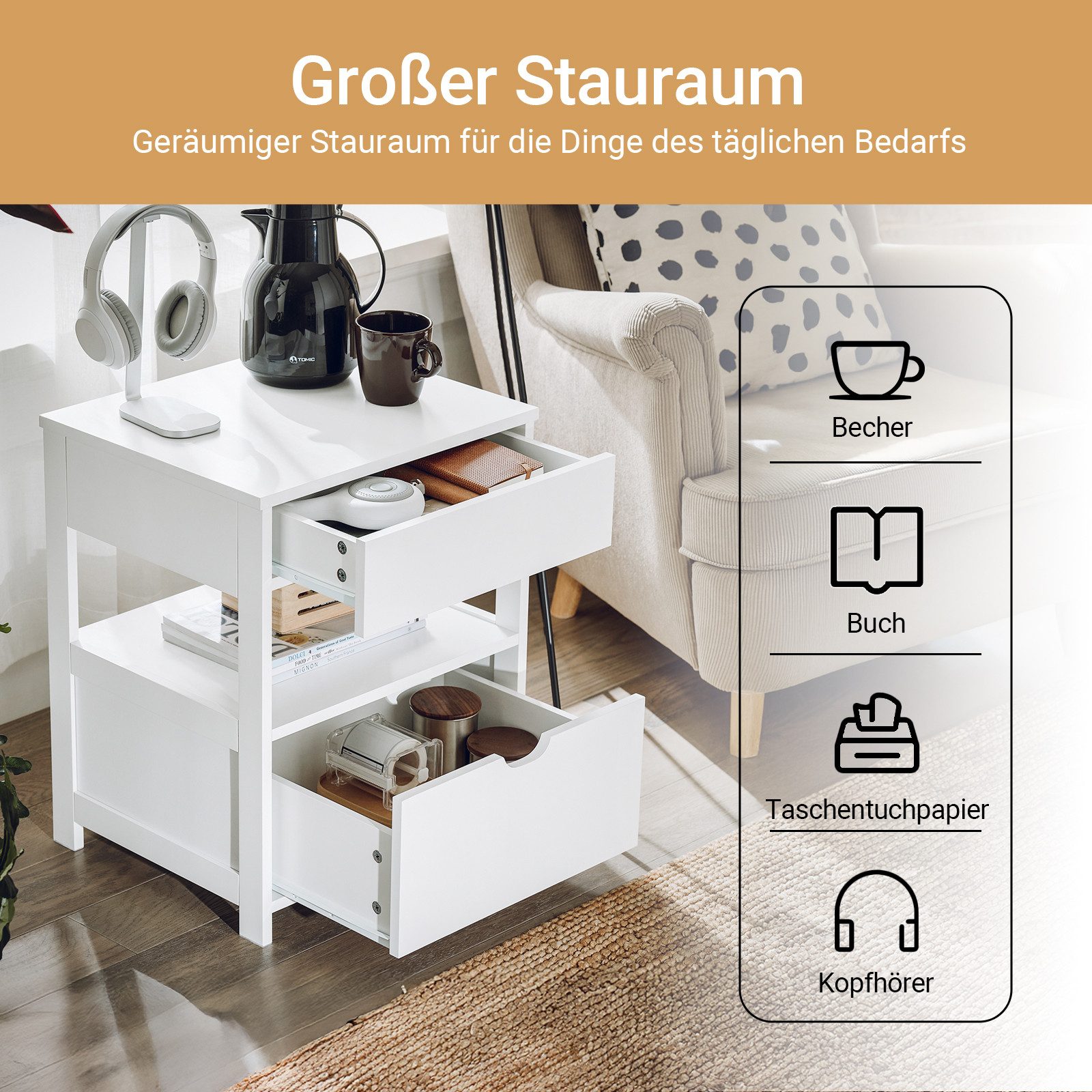 SoBuy Nachtschrank FRG258-II, Nachttisch Beistelltisch Aufbewahrungsschrank Nachtkonsole Nachtkommode mit 2 Schubladen und Ablage, Sofatisch, Schlafzimmer
