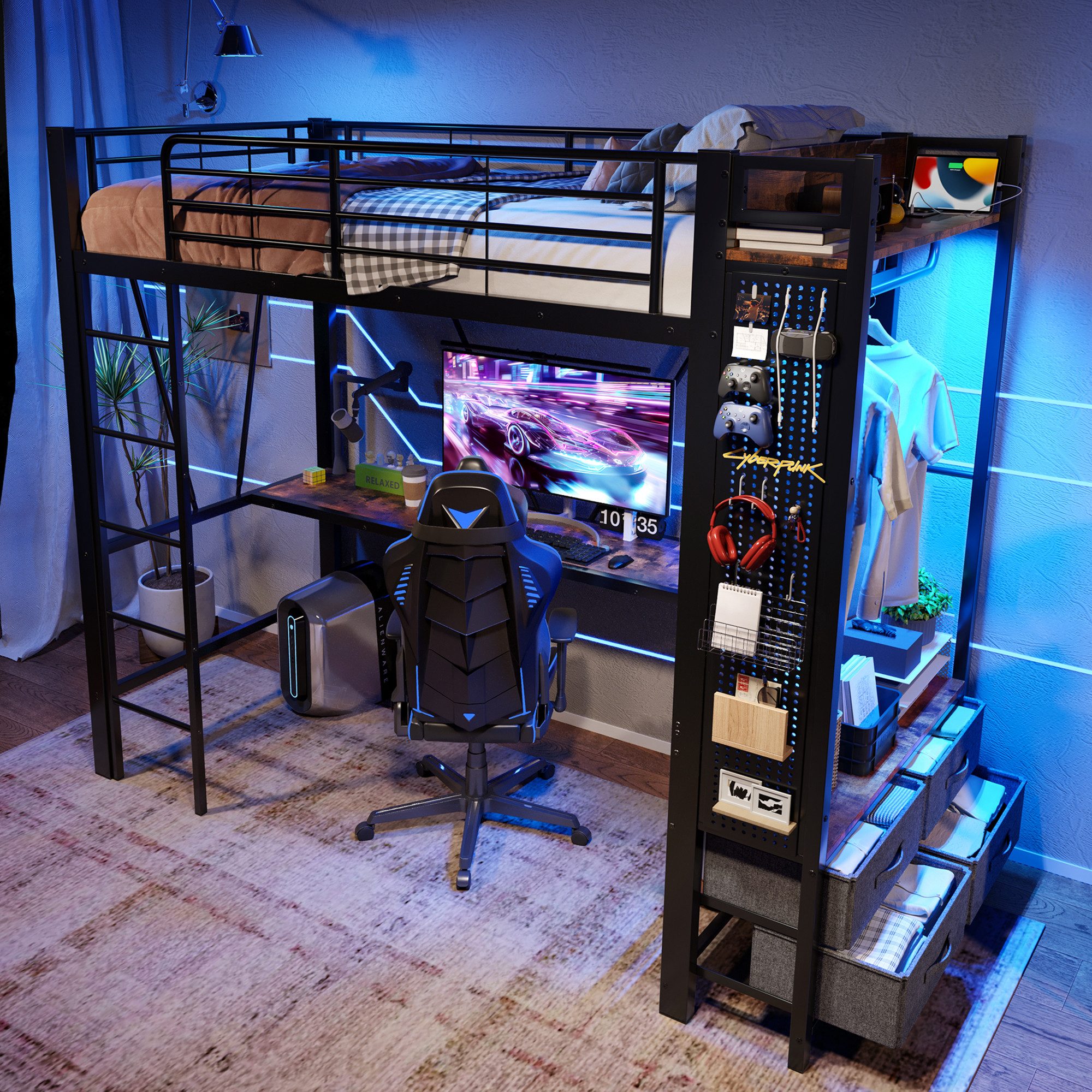 MODFU Kinderbett aus Eisen, Mit Trockenstab, Einlegeböden, 4 Schubladen (mi günstig online kaufen