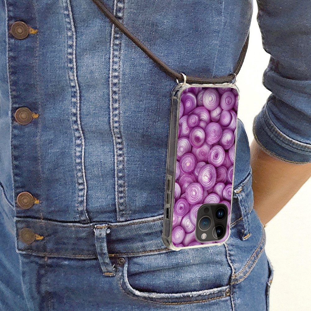 MuchoWow Handyhülle für Apple iPhone 14 Pro Max Lila - Zwiebeln - Nahaufnahme, Tragbare Handyhüllen mit Kette zum umhängen, Handykette Handyband