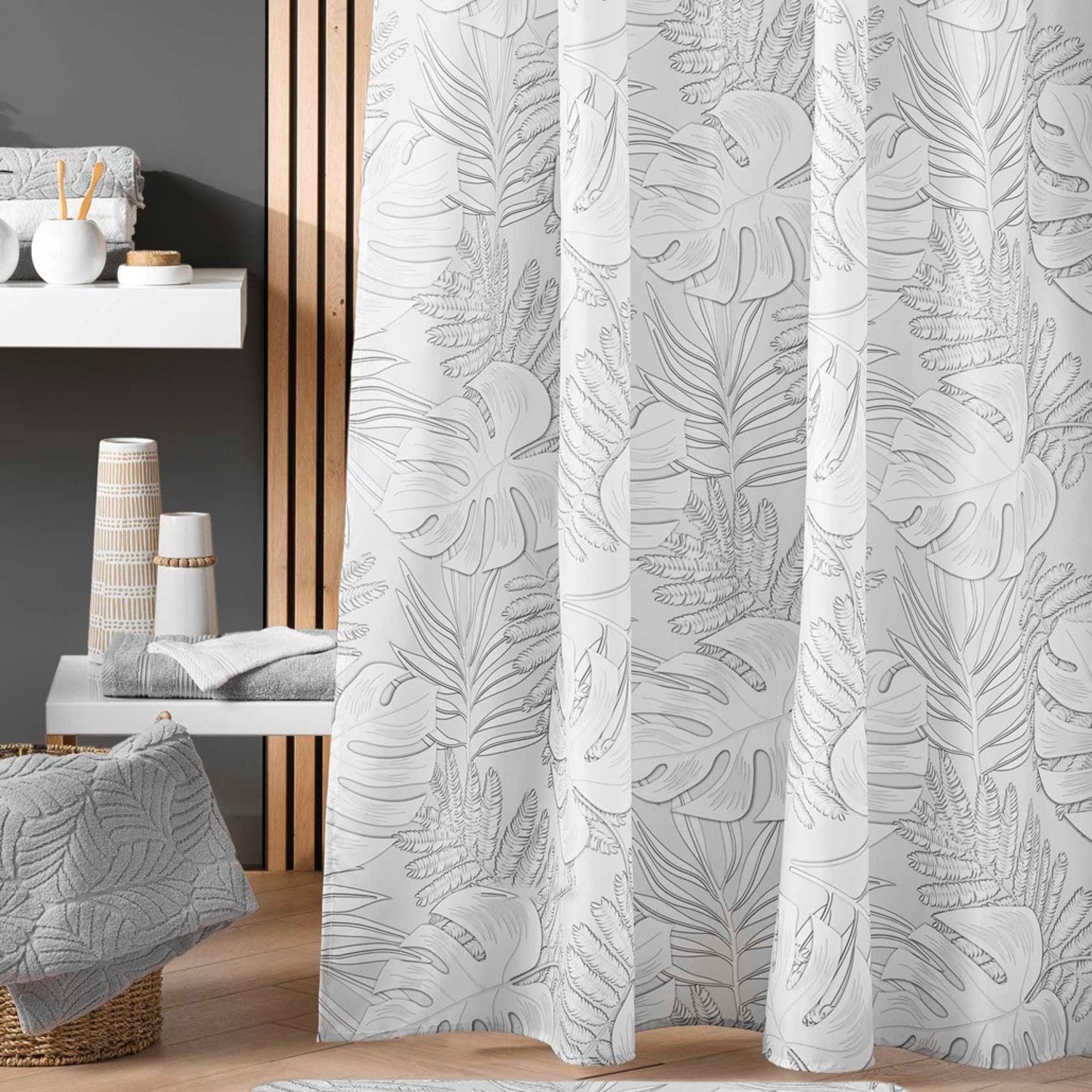 Sanixa Duschvorhang Blätter Grau 200x180 cm Polyester wasserabweisend Breite 180 cm (1-tlg., Dusche modern hochwertige Qualität), waschbar Badewannenvorhang Vorhang