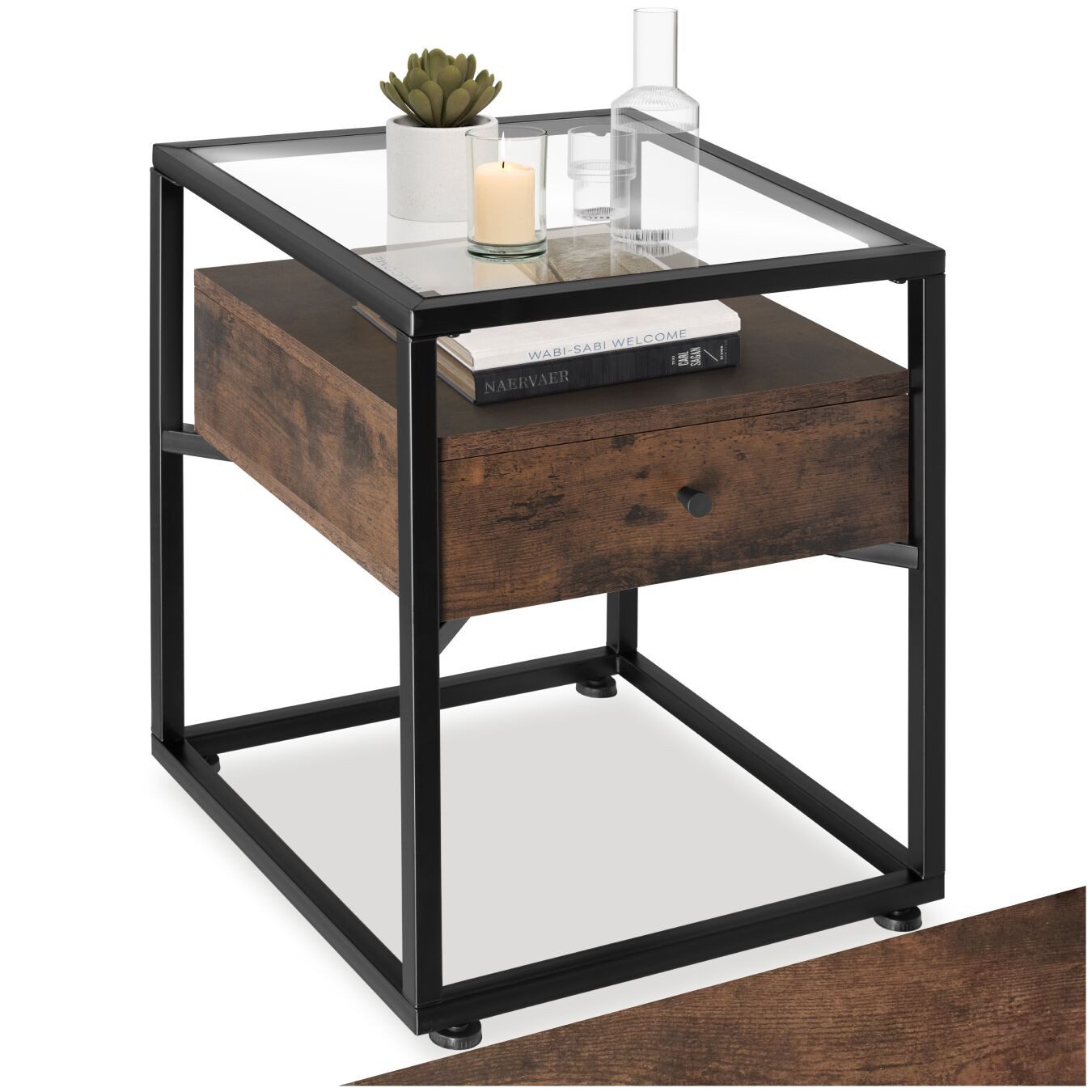 tectake Nachttisch Couchtisch mit Glasplatte und Schublade, 43 x 45 x 54,5 cm (Beistelltisch Preston, 1-St., in Industrial Holz dunkel, rustikal), mit höhenverstellbaren Kunststofffüßen
