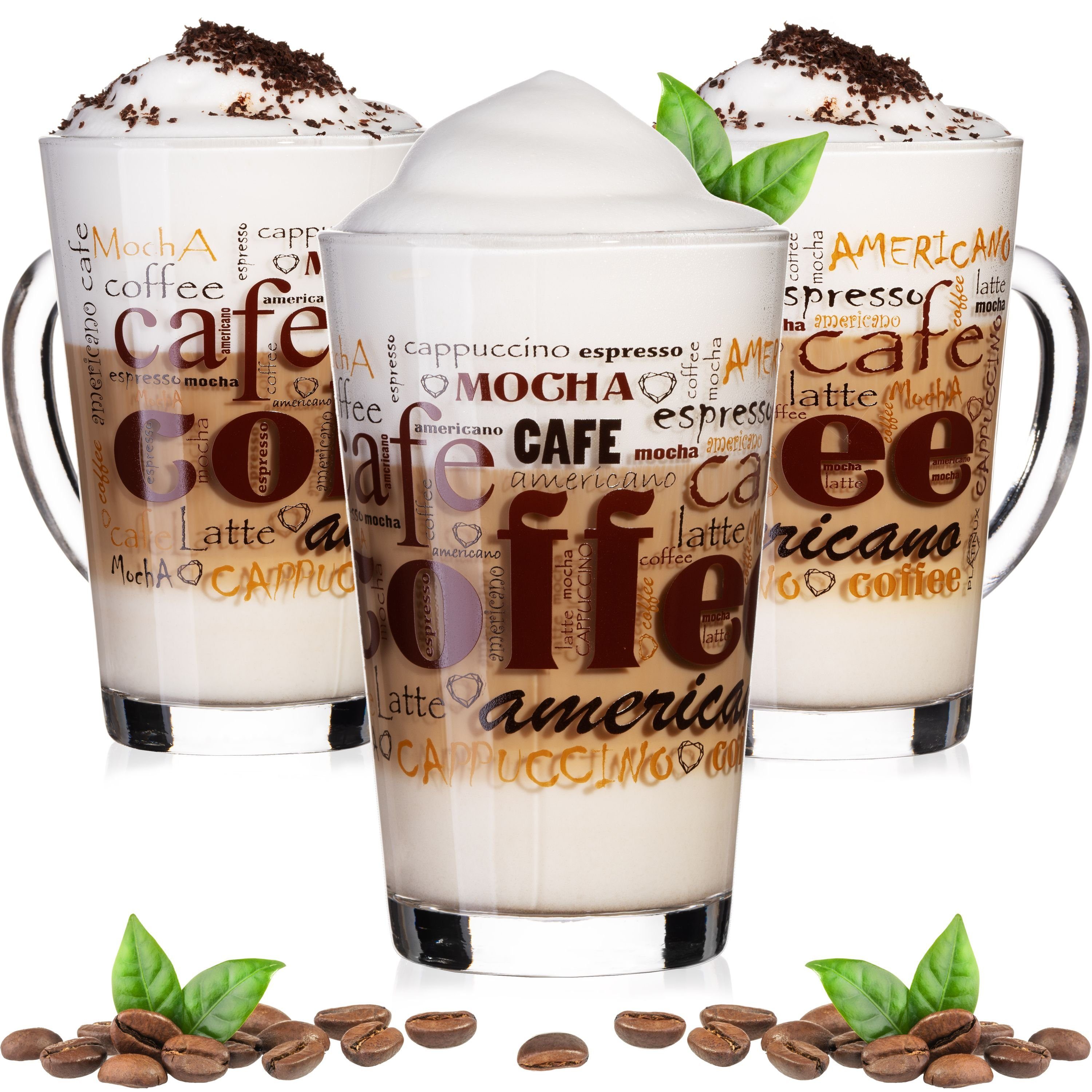 PLATINUX Latte-Macchiato-Glas Kaffeegläser mit Kaffee-Motiv, Glas, mit Kaffeeaufdruck Set 3-Teilig 300ml aus Glas Latte Macchiato Скло