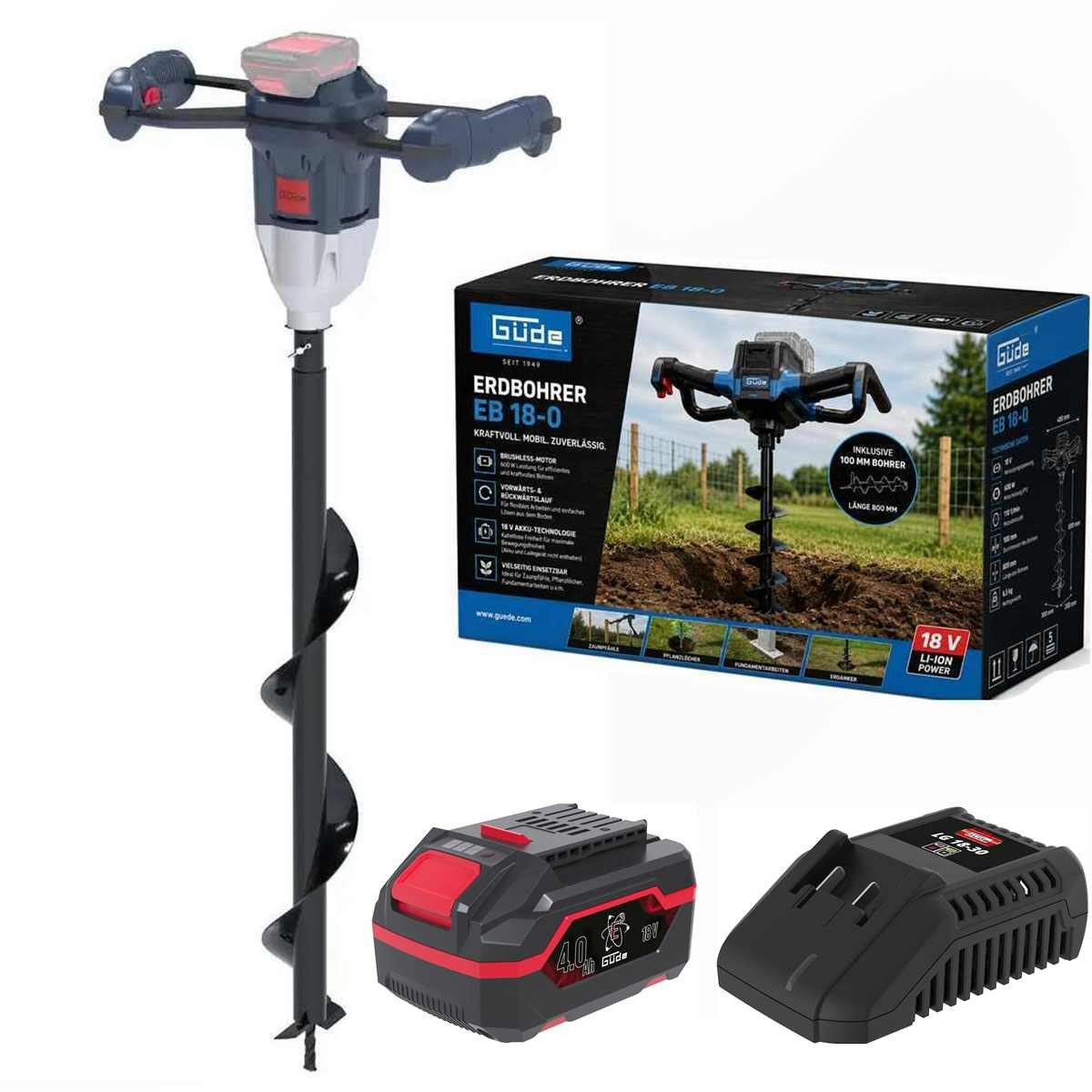 Güde Rührwerk Güde Akku Erdbohrer EB 18 V inkl. Aufsatz, 18V Akku 4.0 Ah, Ladegerät